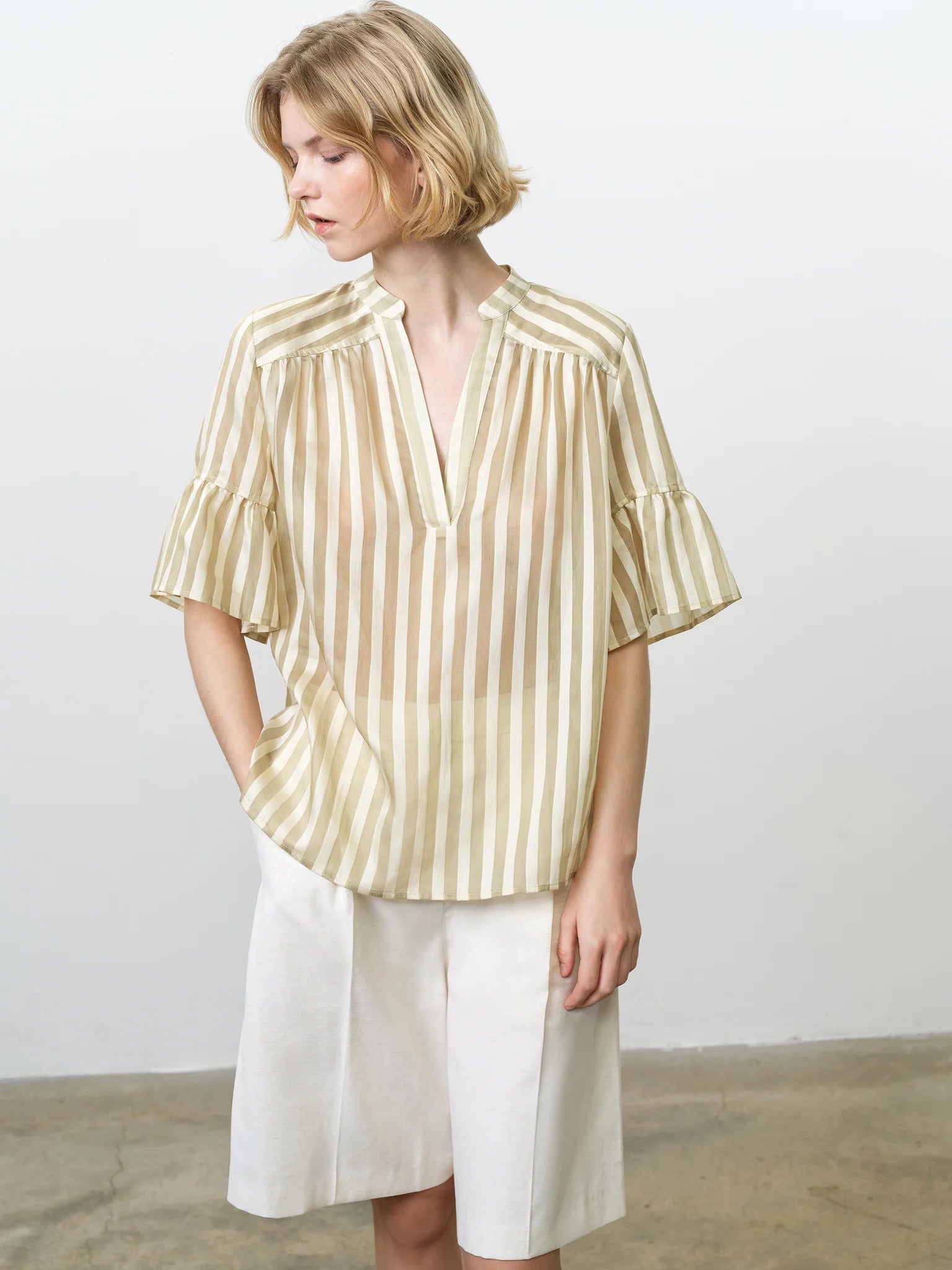 French Connection Adeline Striped Gathered Top Cream-Green