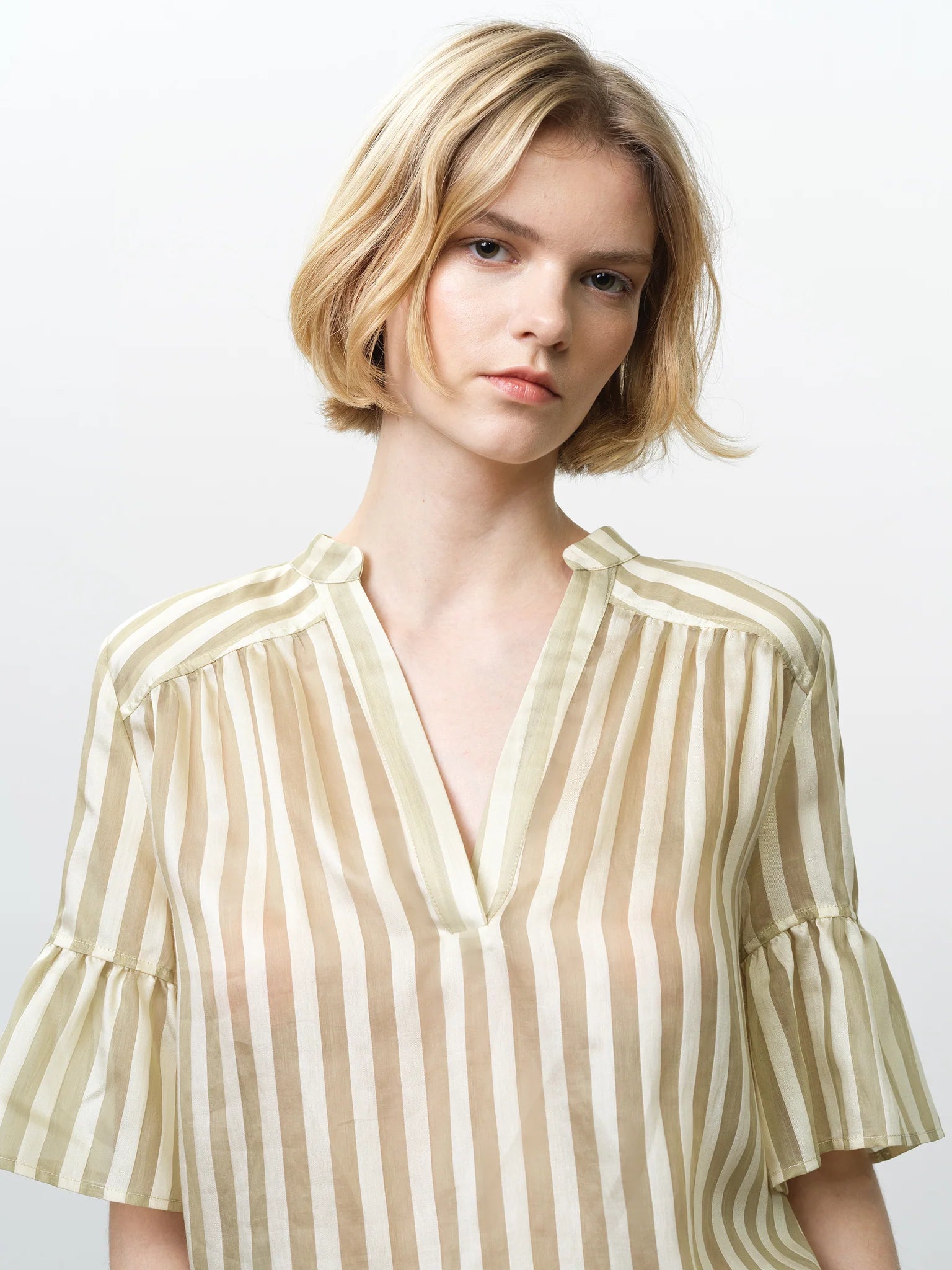 French Connection Adeline Striped Gathered Top Cream-Green