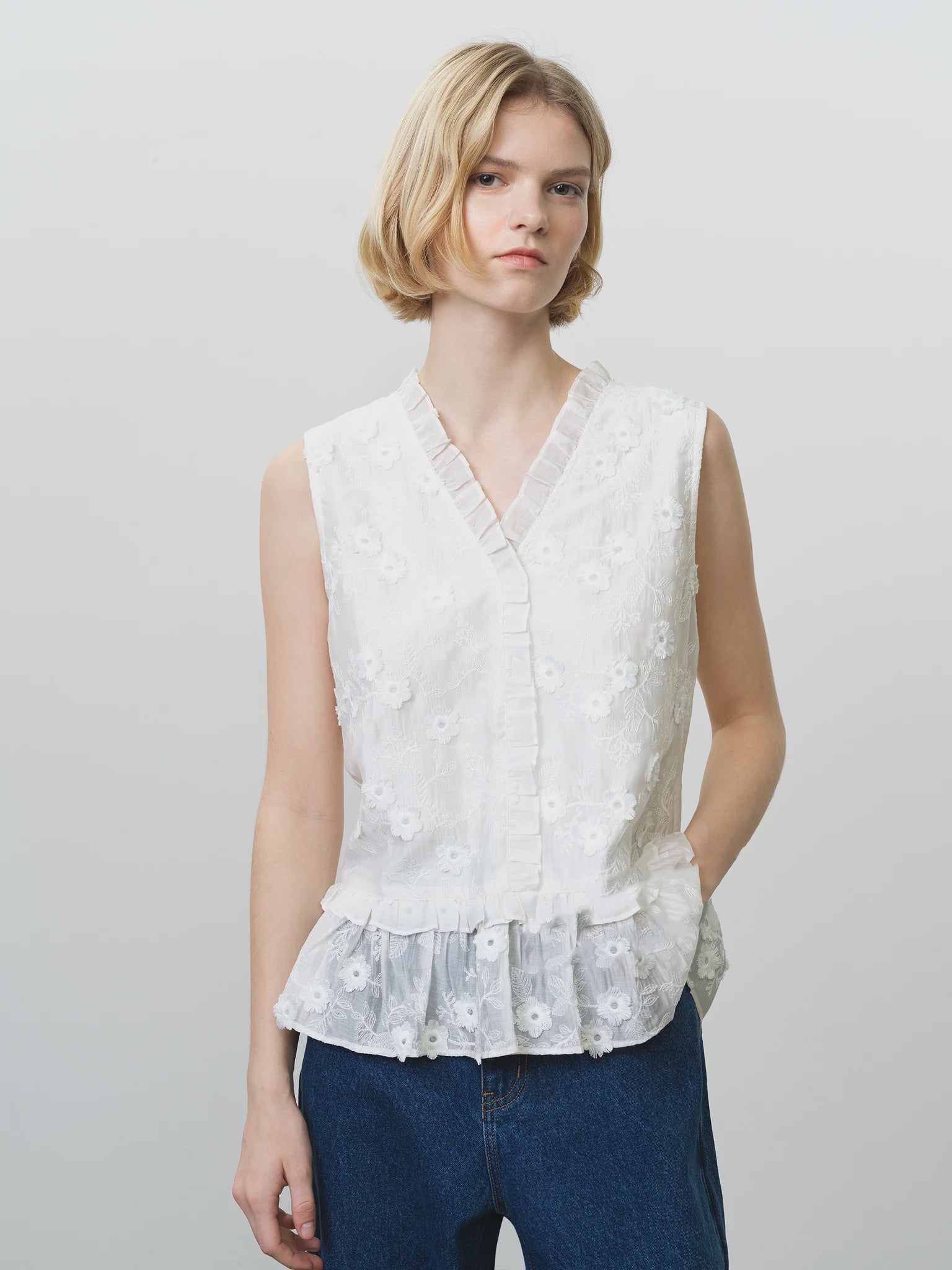 French Connection Vani Peplum Top Linen White