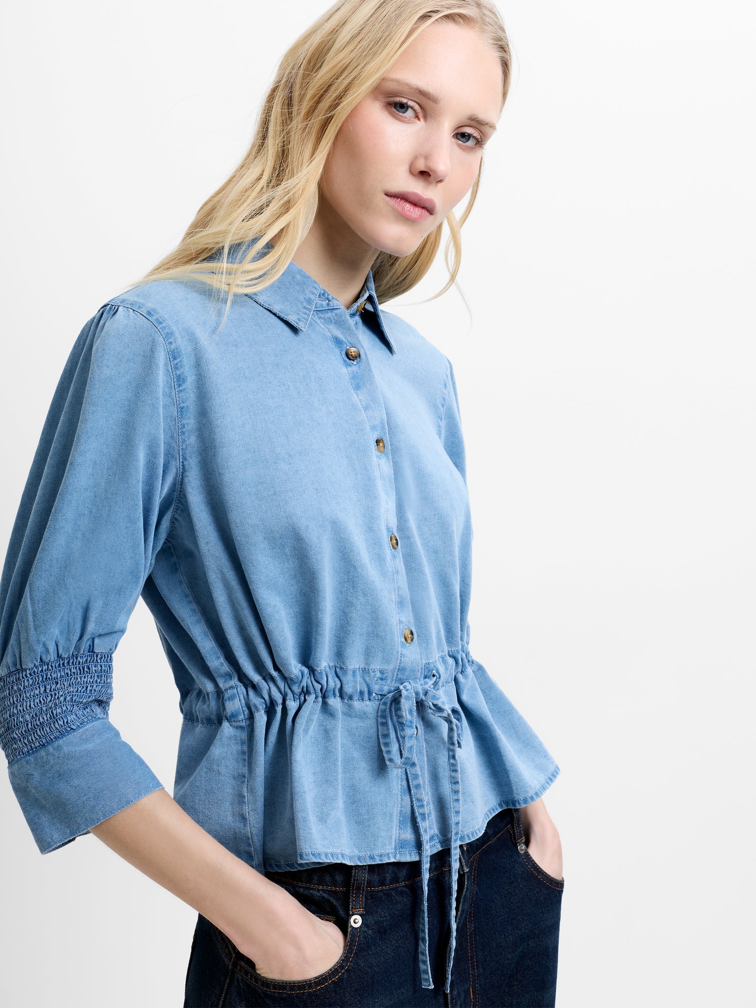 French Connection Zaves Chambray Drawstring Top Light Wash