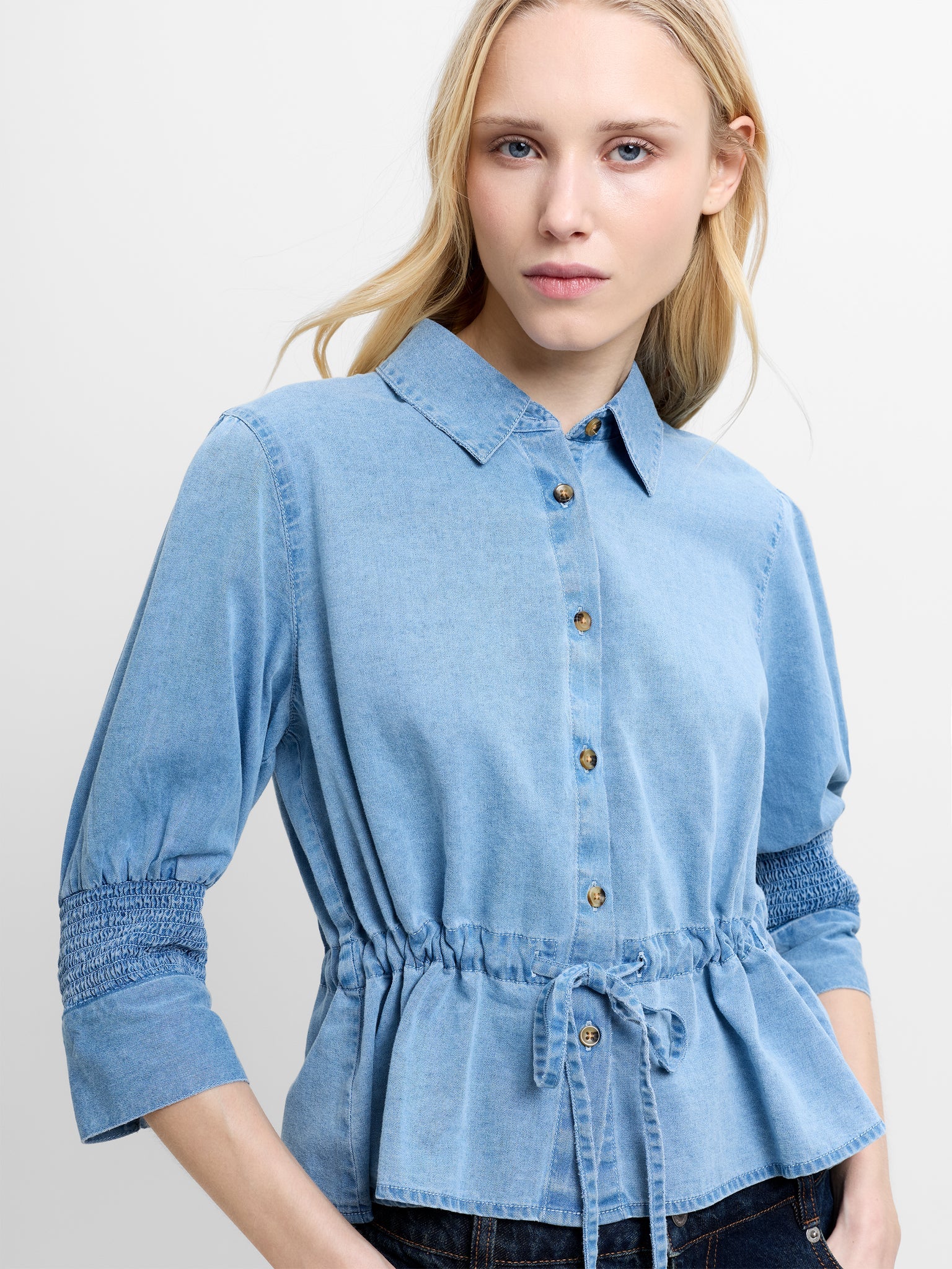 French Connection Zaves Chambray Drawstring Top Light Wash