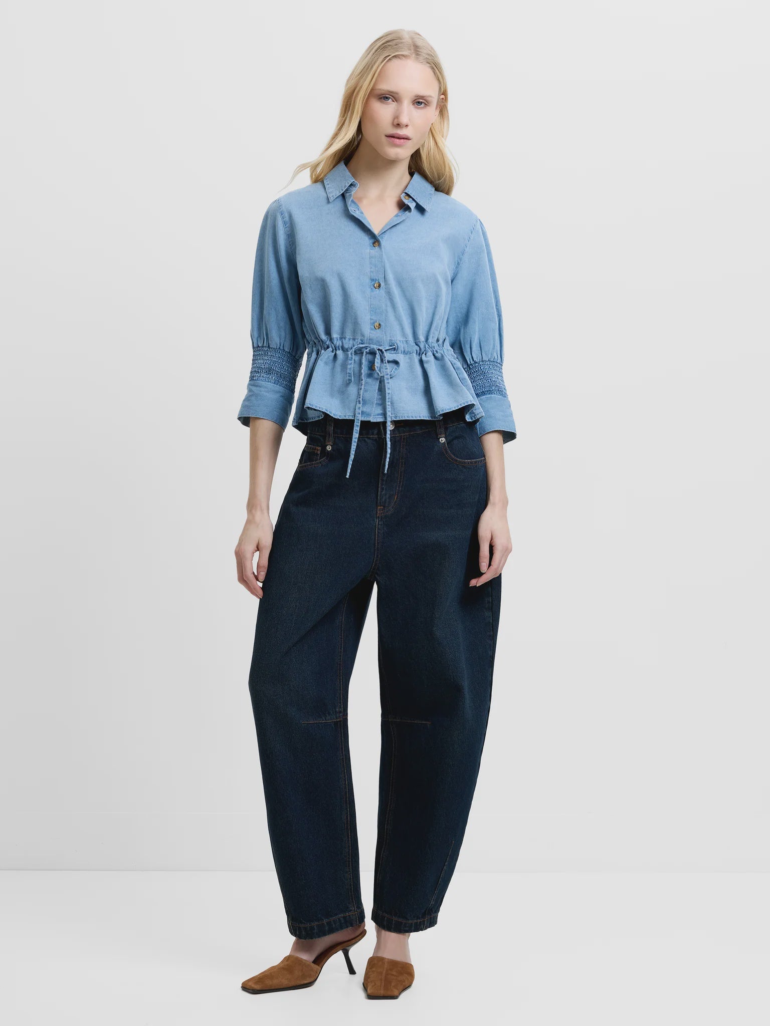 French Connection Zaves Chambray Drawstring Top Light Wash
