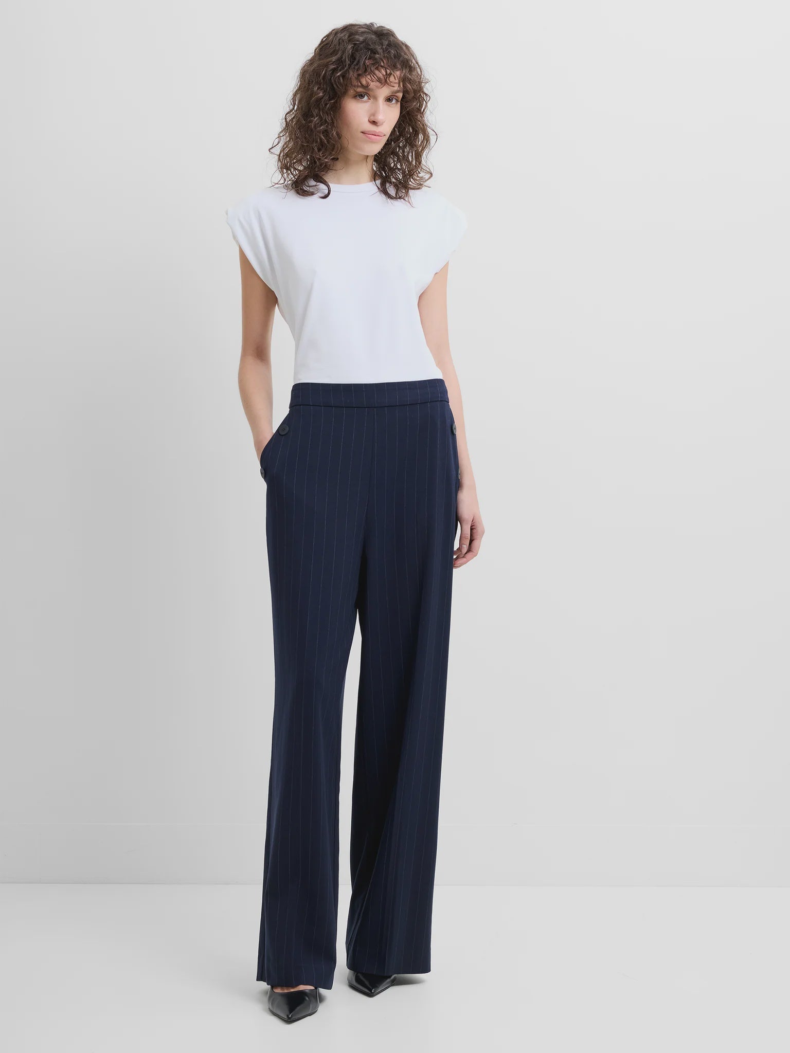 French Connection Alia Pinstripe Button Detail Trouser Navy/Linen White