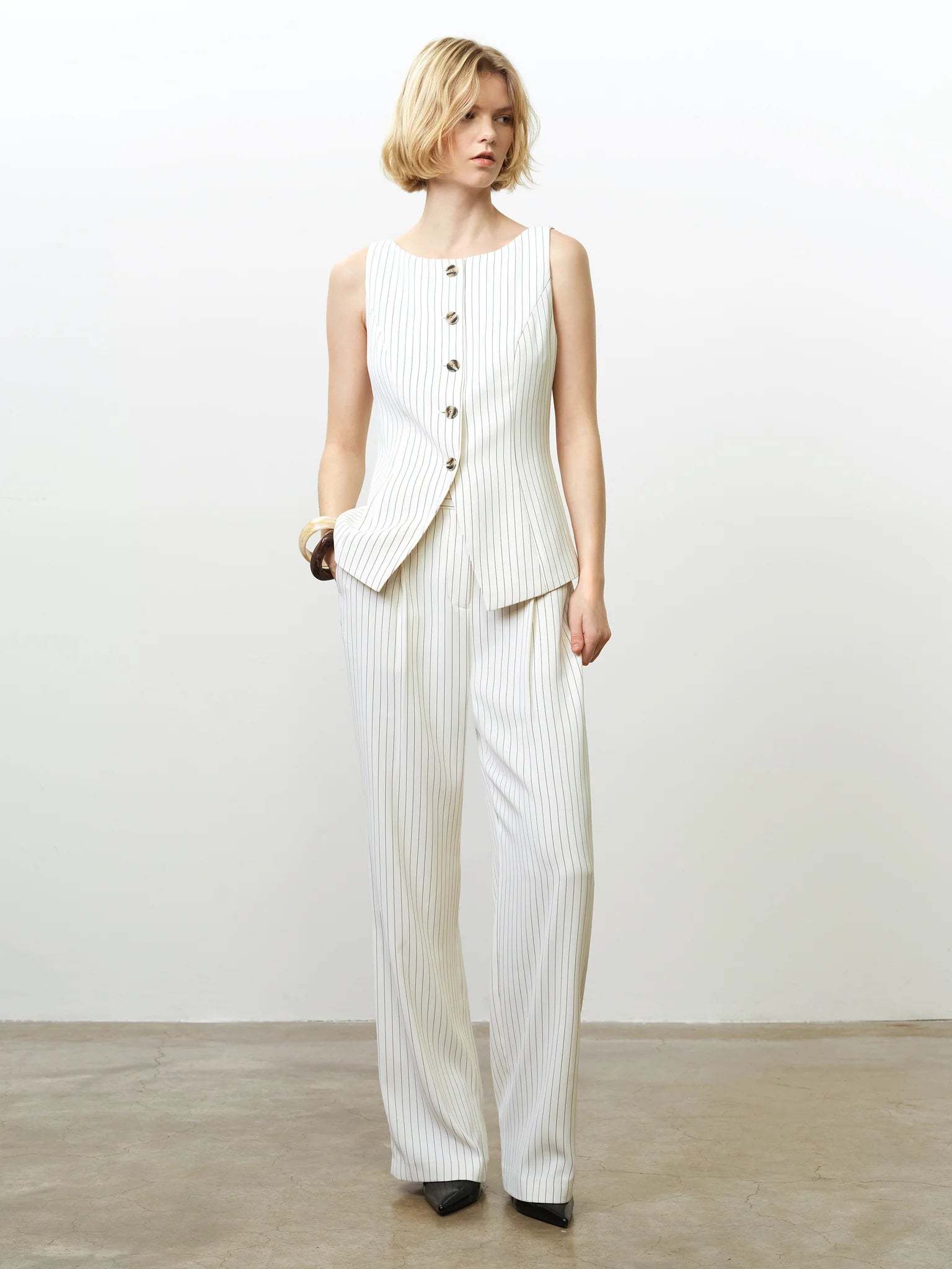 French Connection Vinnie Pinstripe Trouser Porcelain Cream-Black