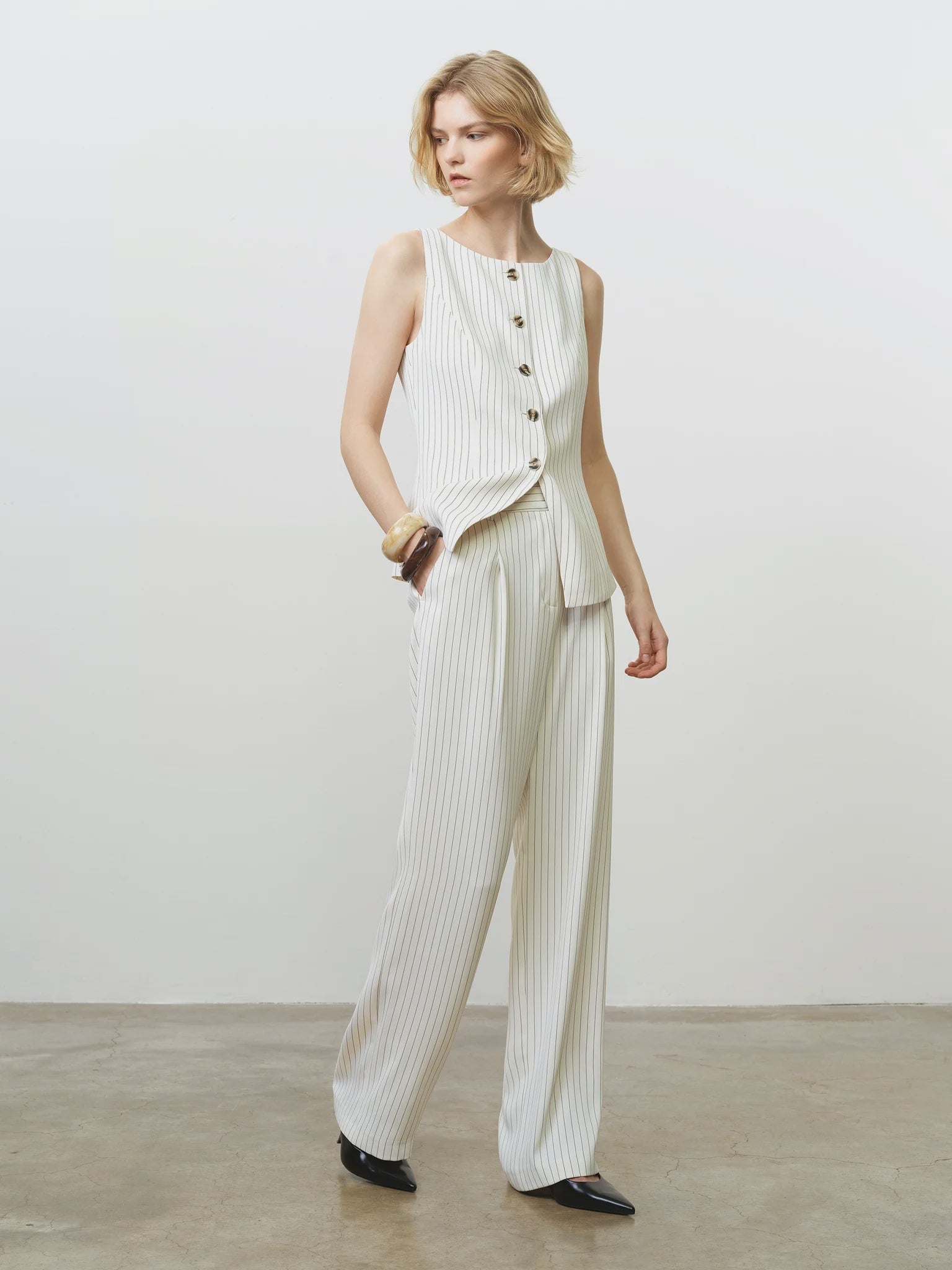 French Connection Vinnie Pinstripe Trouser Porcelain Cream-Black