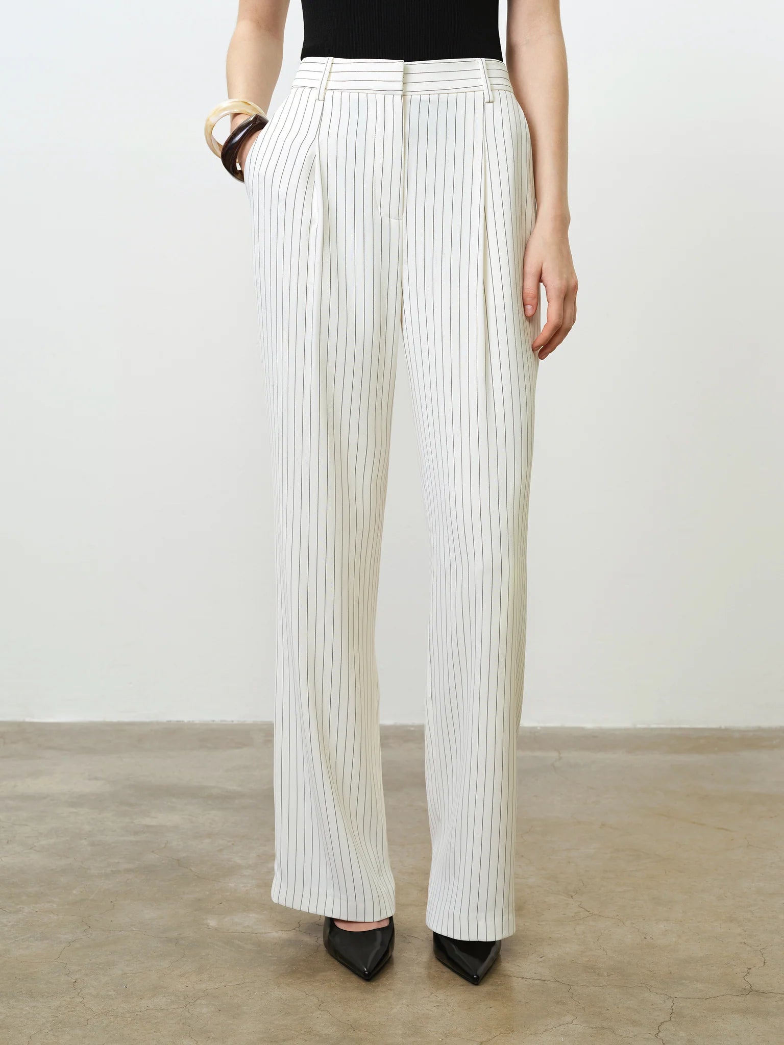 French Connection Vinnie Pinstripe Trouser Porcelain Cream-Black