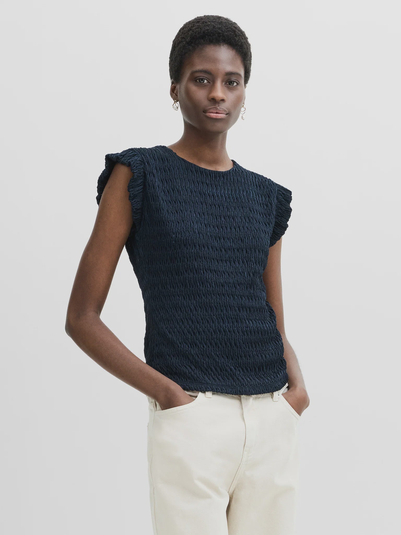 French Connection Zinnia Textured Striped Frill Sleeve Top New Navy