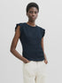 French Connection Zinnia Textured Striped Frill Sleeve Top New Navy