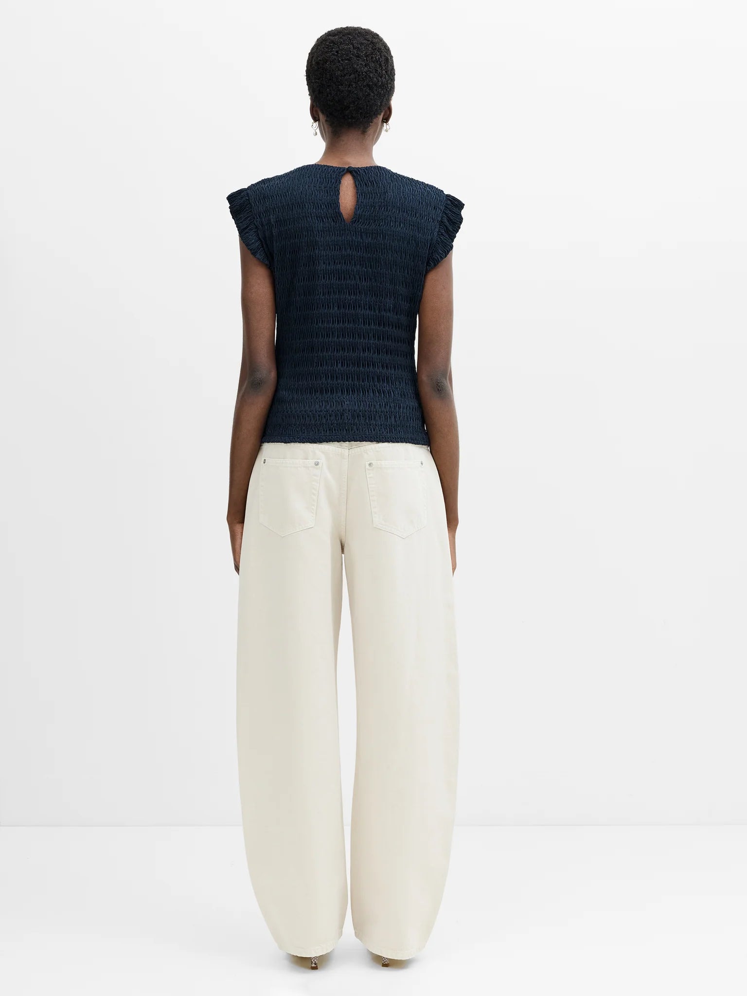 French Connection Zinnia Textured Striped Frill Sleeve Top New Navy