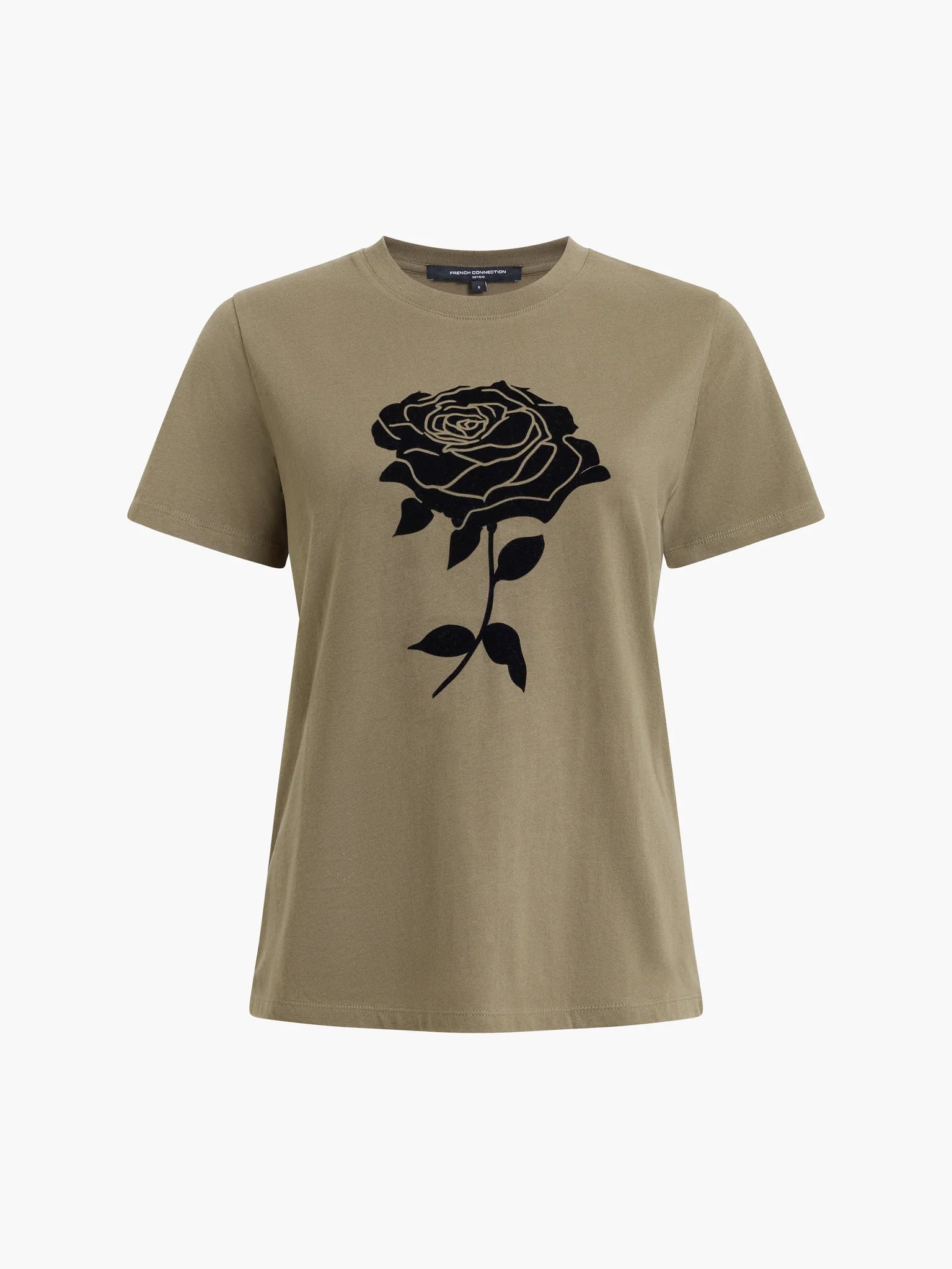 French Connection Rose Flocked T Shirt Khaki Green/Black
