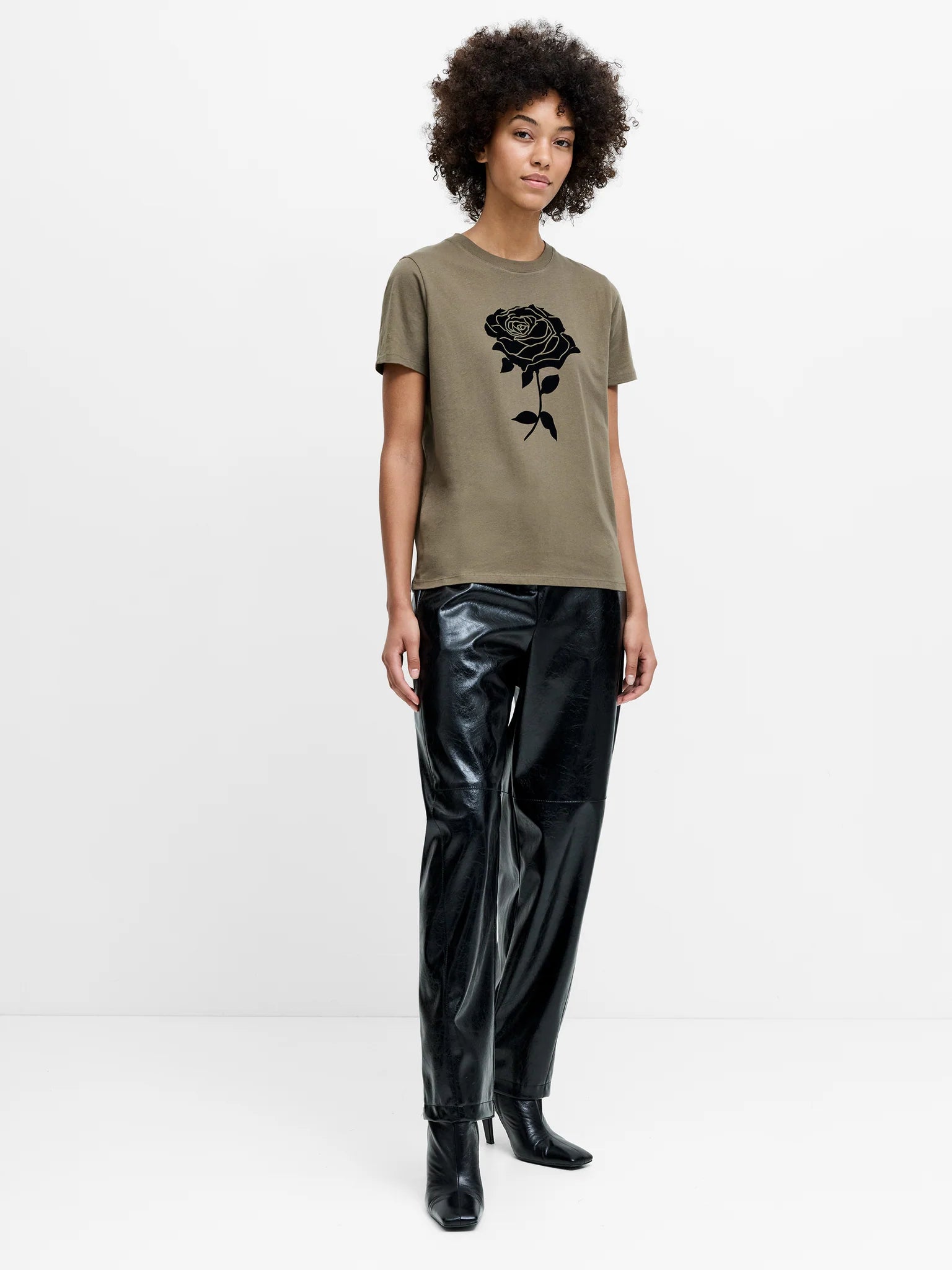 French Connection Rose Flocked T Shirt Khaki Green/Black