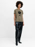 French Connection Rose Flocked T Shirt Khaki Green/Black