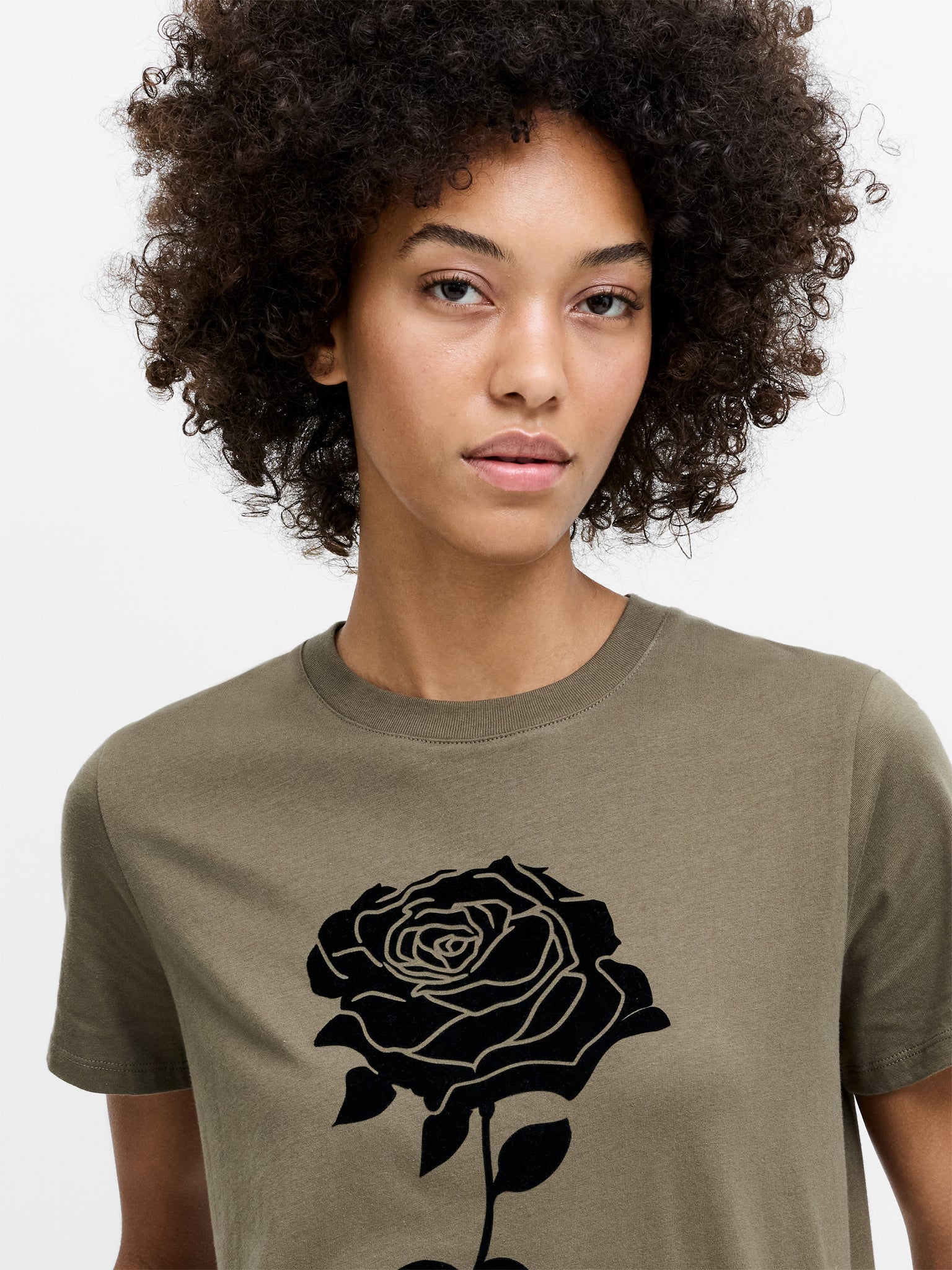French Connection Rose Flocked T Shirt Khaki Green/Black