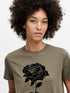 French Connection Rose Flocked T Shirt Khaki Green/Black