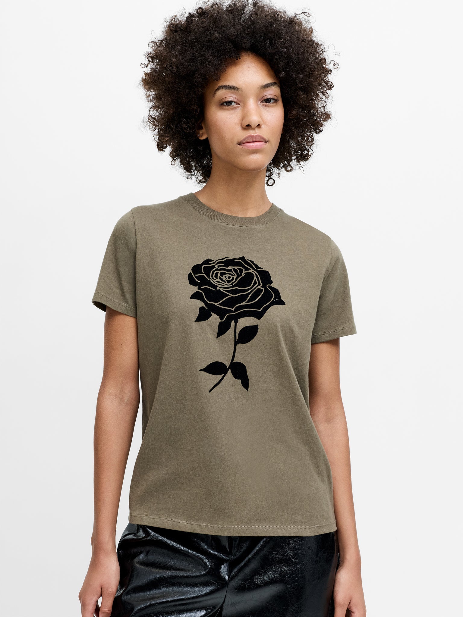 French Connection Rose Flocked T Shirt Khaki Green/Black