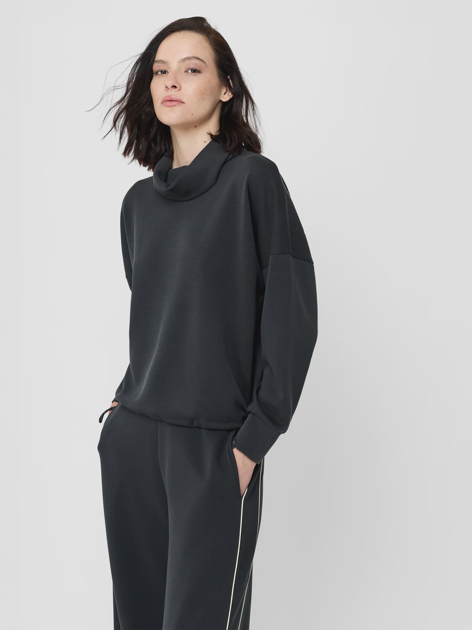French Connection Wren Draped Funnel Neck Toggle Waist Sweatshirt Graphite Grey