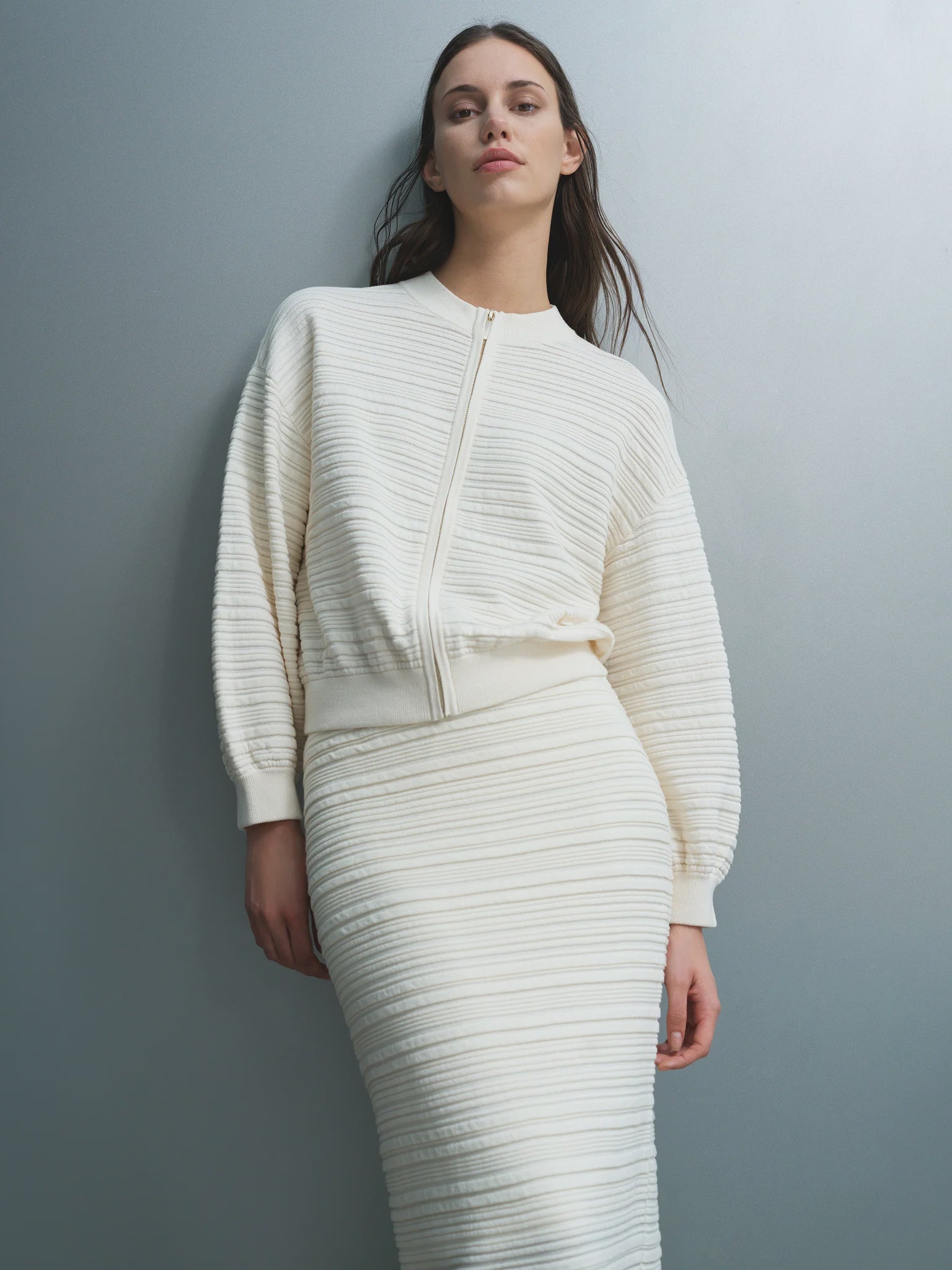 French Connection Mayim Ribbed Knit Zip Cardigan Porcelain Cream