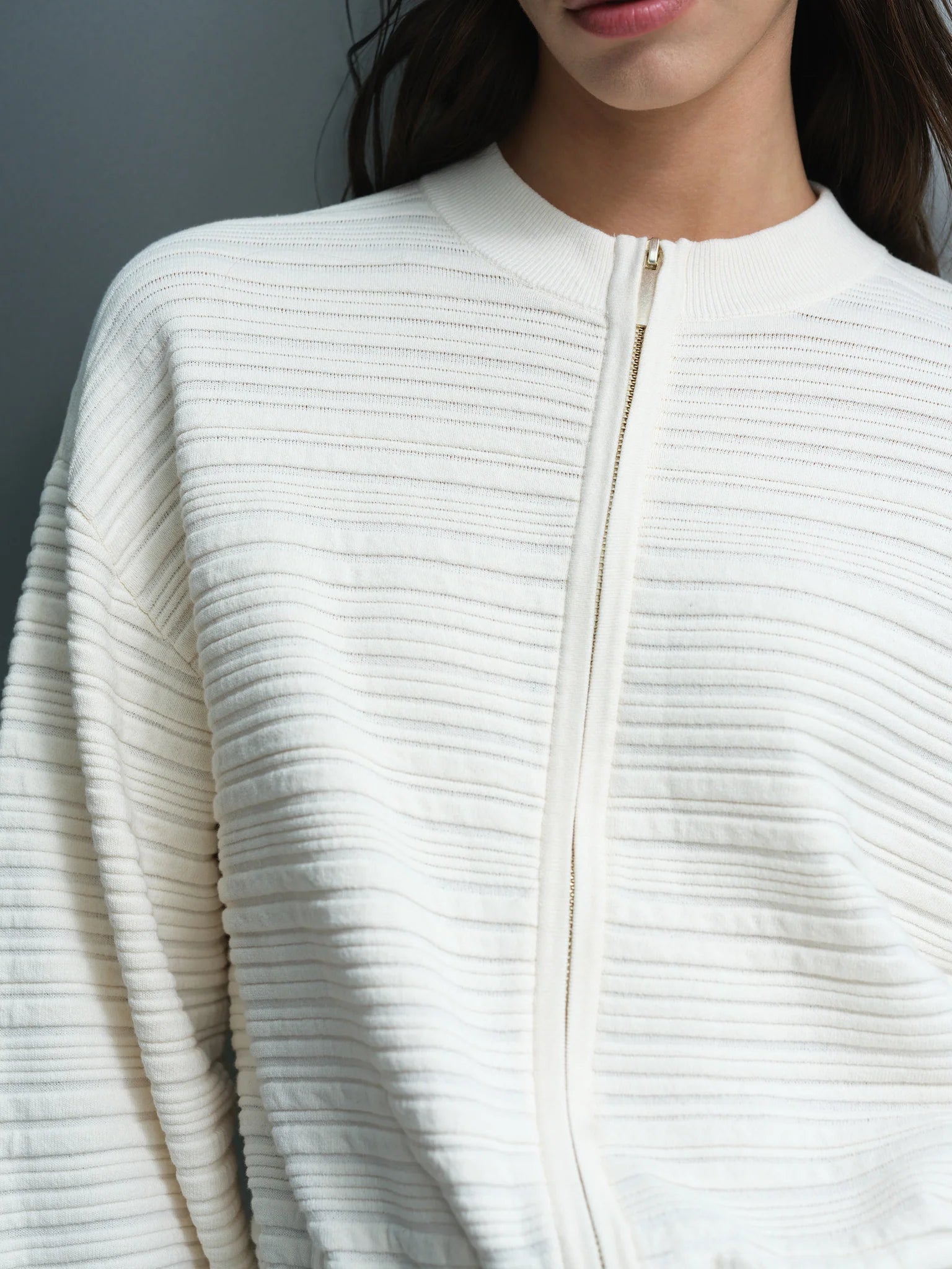 French Connection Mayim Ribbed Knit Zip Cardigan Porcelain Cream