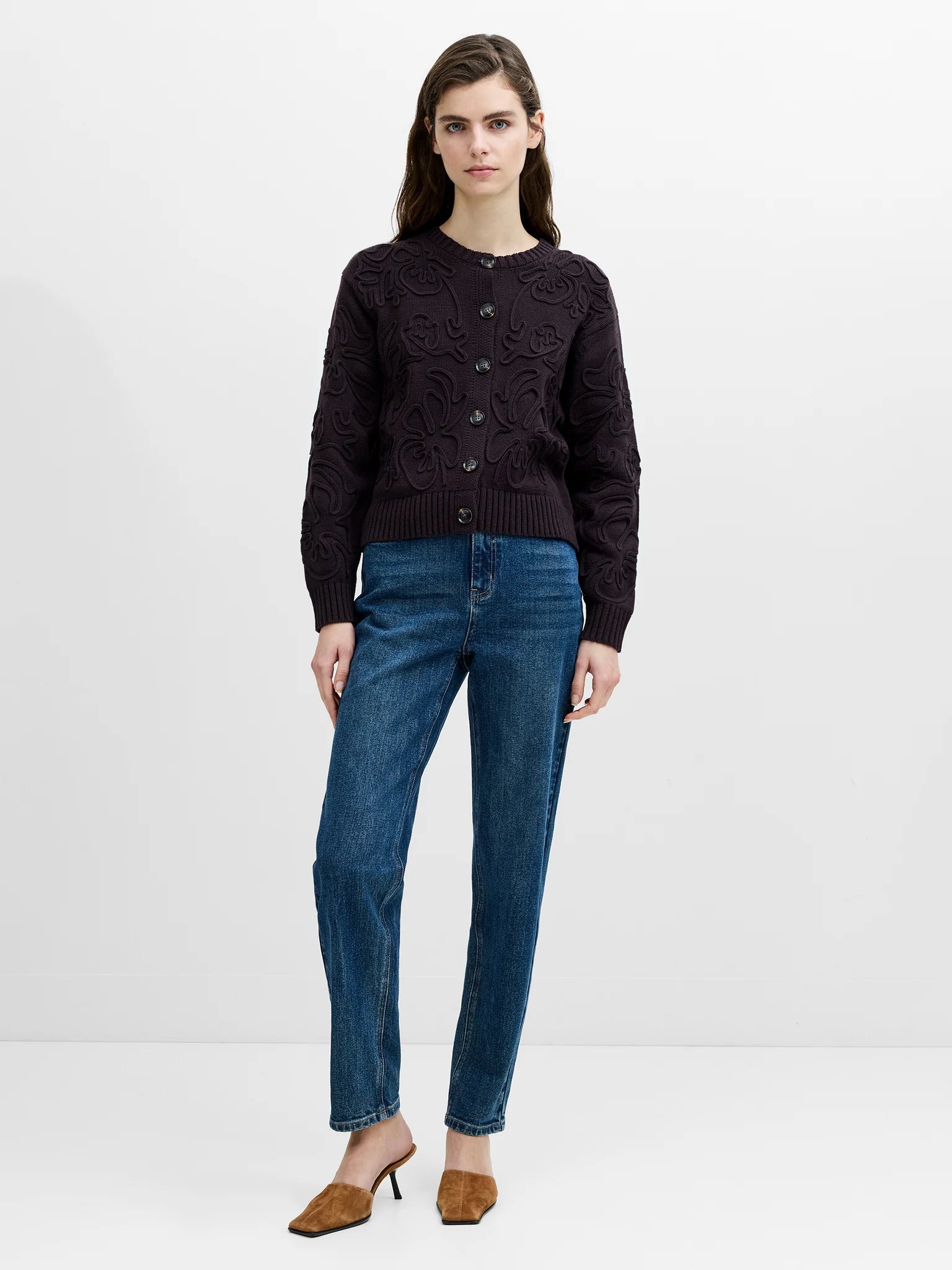 French Connection Varli Floral Drawing Cardigan Mocha Brown