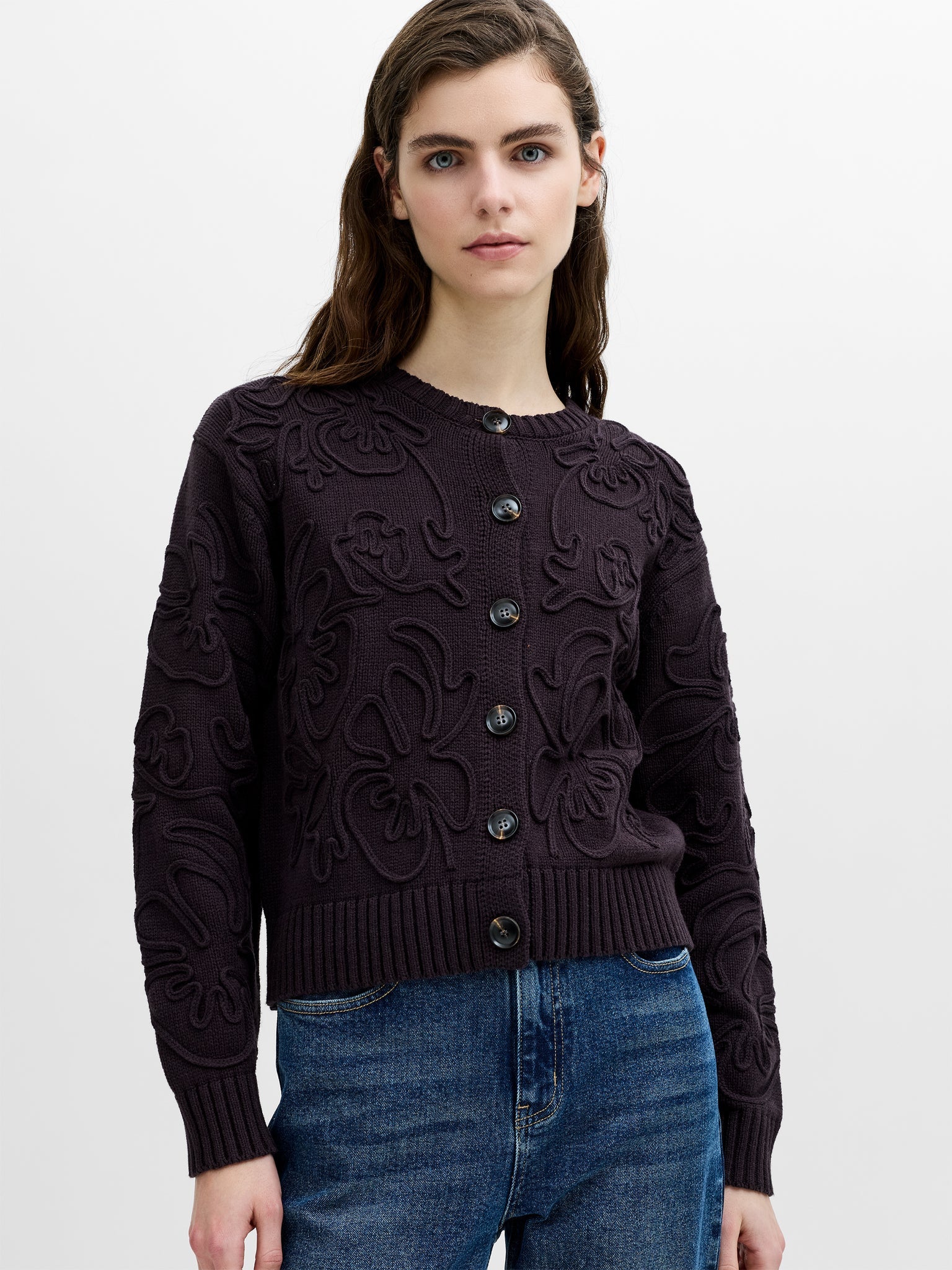 French Connection Varli Floral Drawing Cardigan Mocha Brown