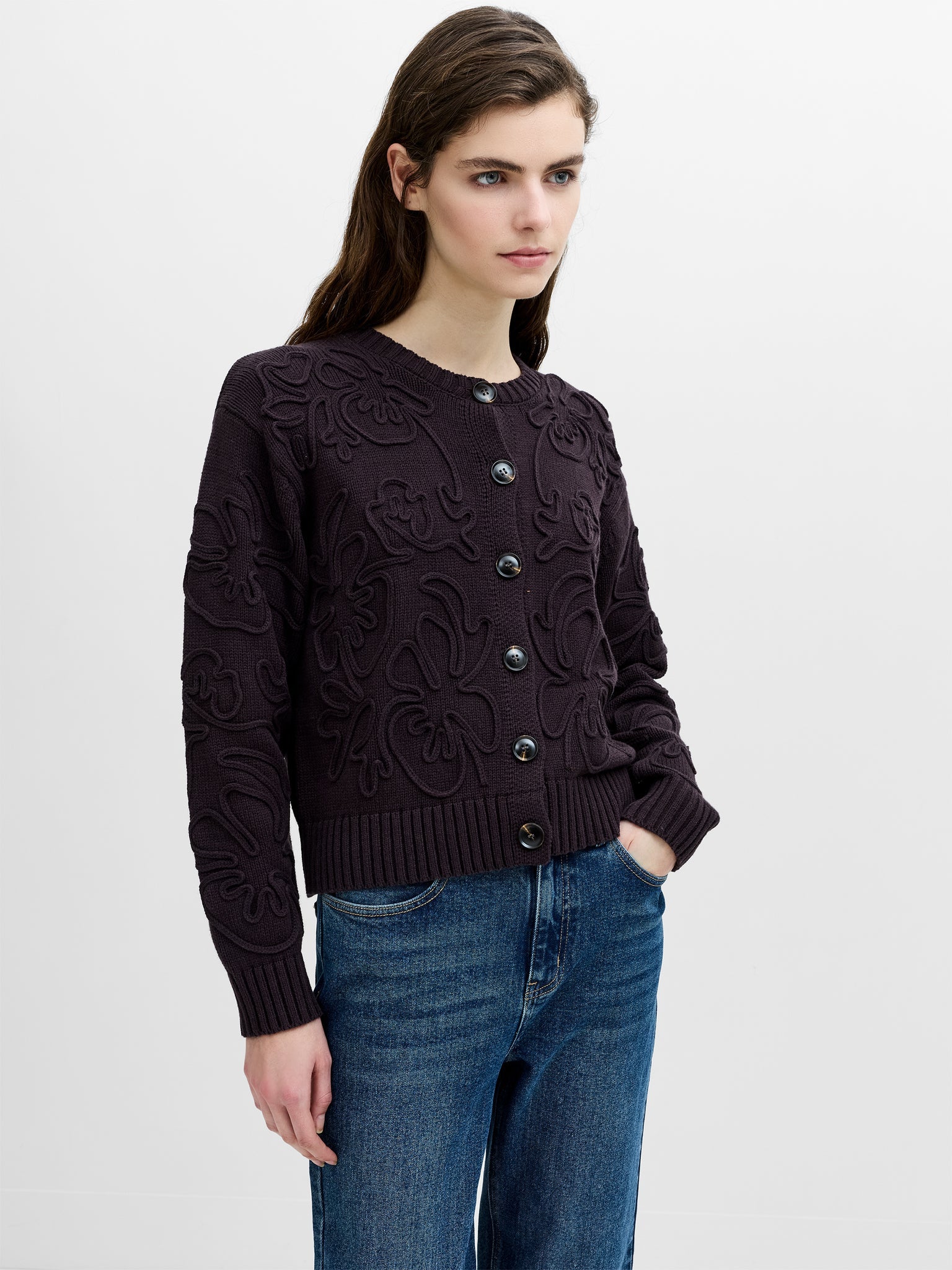 French Connection Varli Floral Drawing Cardigan Mocha Brown