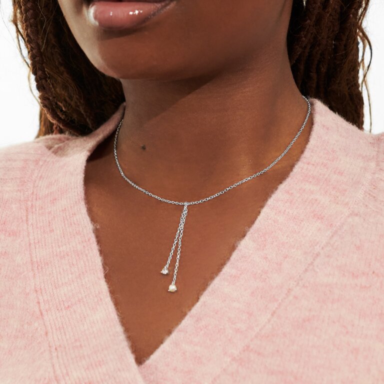 Joma Halo Pearl CZ & Pearl Lariat Silver Necklace