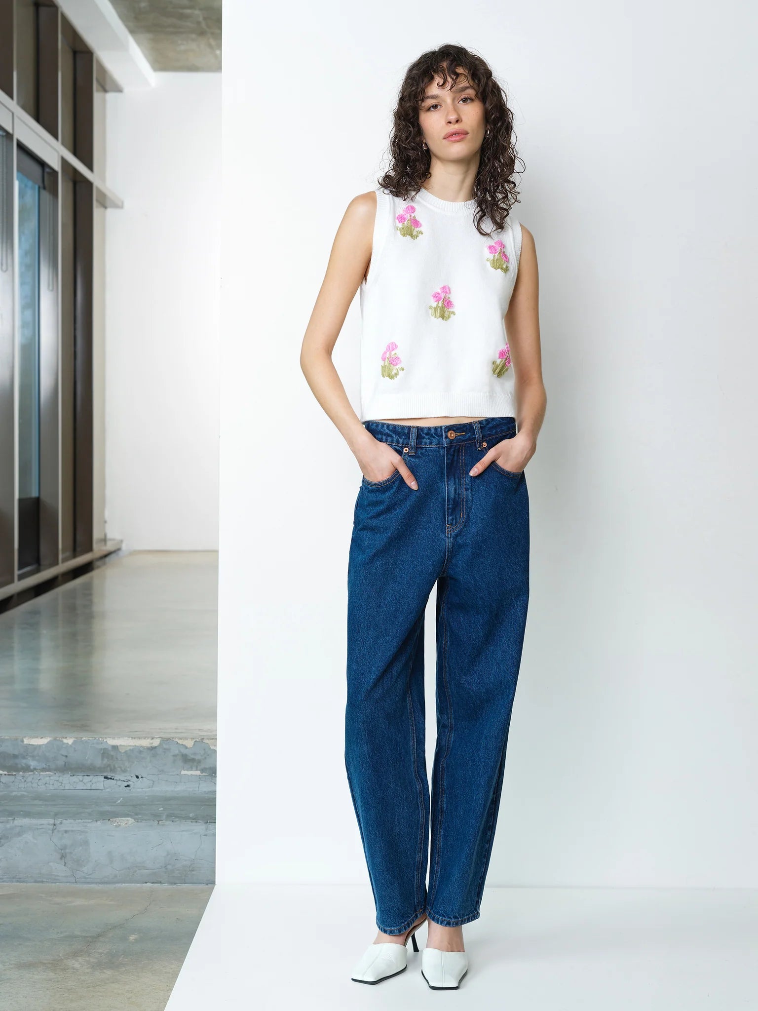 French Connection Junie Floral Applique Vest Porcelain Cream/French