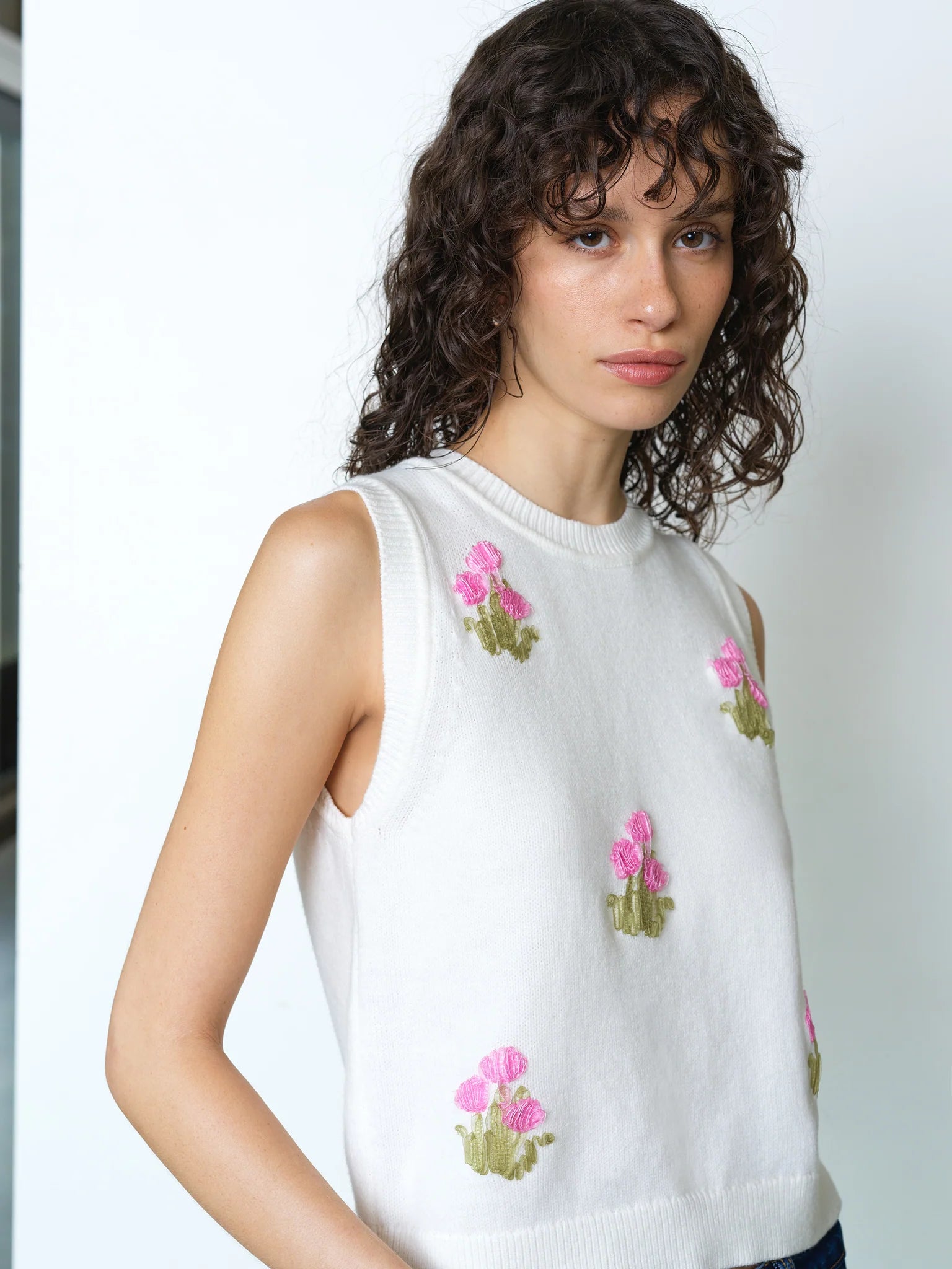 French Connection Junie Floral Applique Vest Porcelain Cream/French