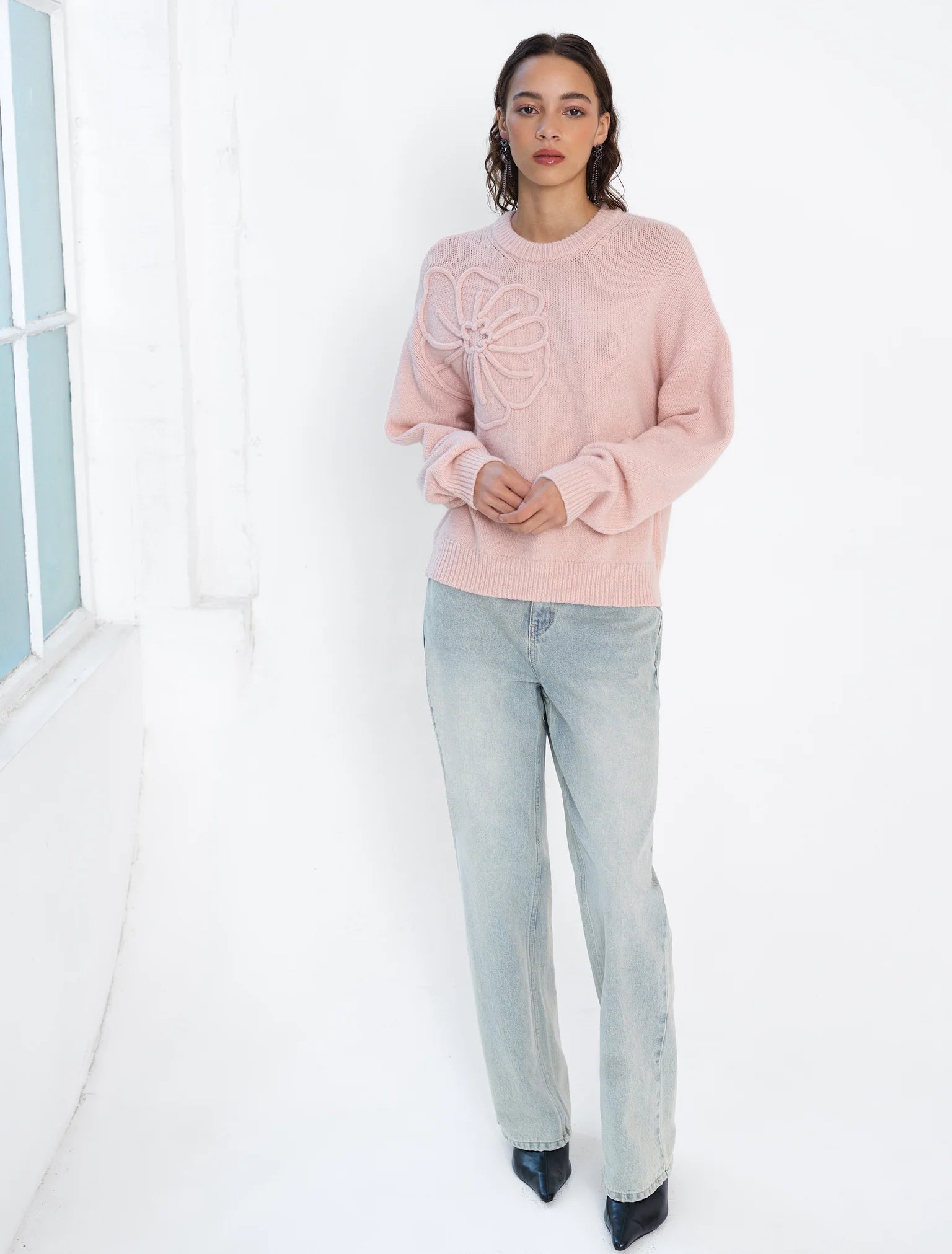 French Connection Patrice Knit Floral Motif Jumper Powder Pink