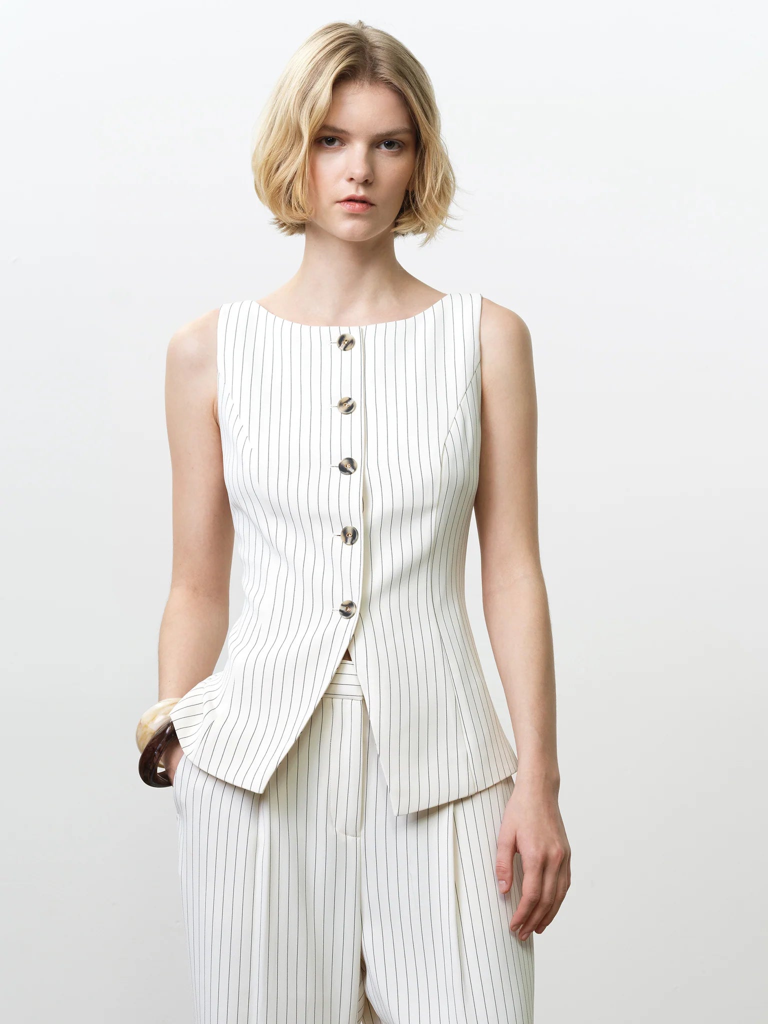 French Connection Vinnie Pinstripe Waistcoat Porcelain Cream-Black