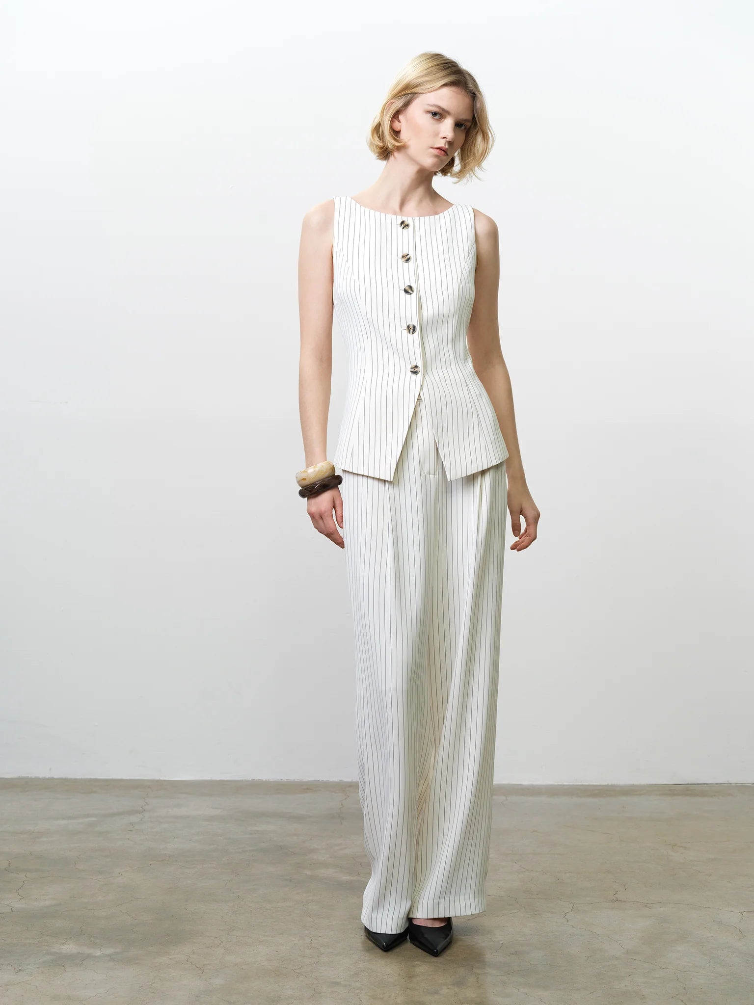 French Connection Vinnie Pinstripe Waistcoat Porcelain Cream-Black