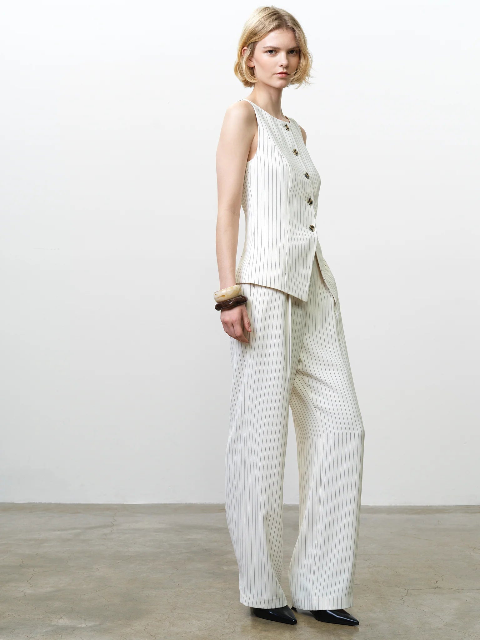 French Connection Vinnie Pinstripe Waistcoat Porcelain Cream-Black