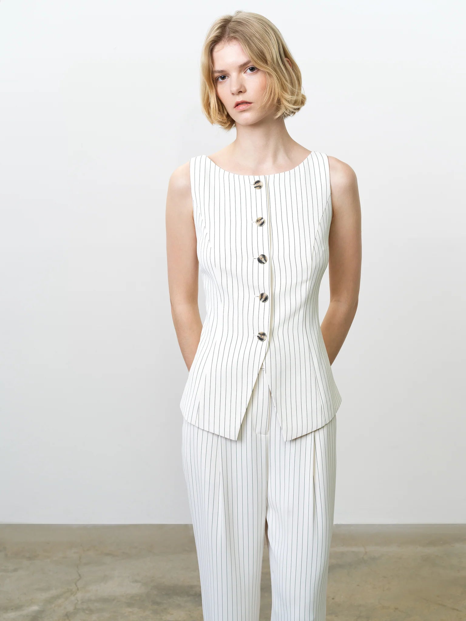 French Connection Vinnie Pinstripe Waistcoat Porcelain Cream-Black