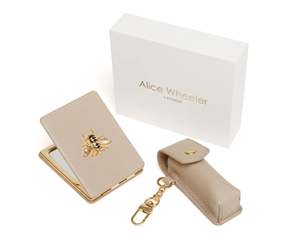 Alice Wheeler Oblong Compact Mirror & Liptick Holder Gift Set Stone