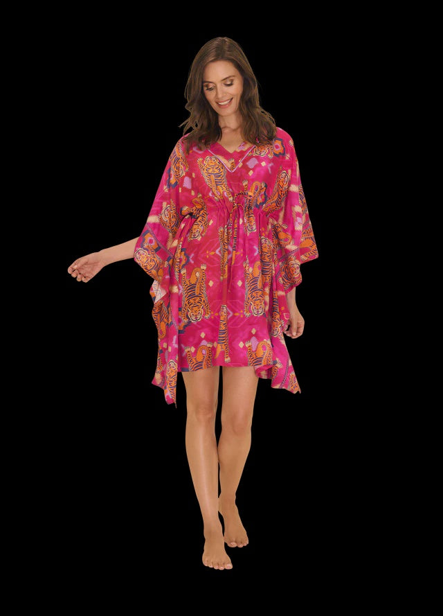 Powder Ikat Tigers Beach Cover Up - Fuchsia