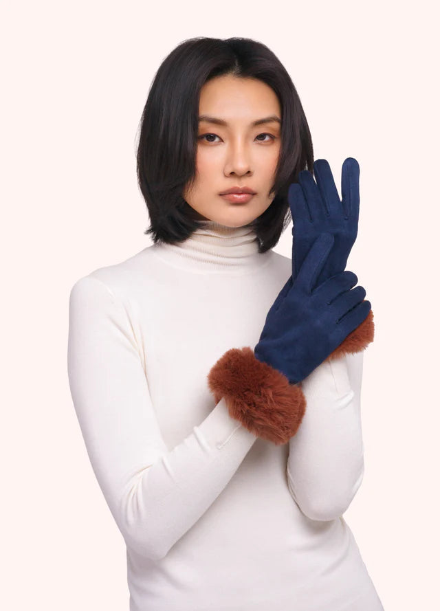 Powder Bettina Faux Suede/Fur Gloves Navy