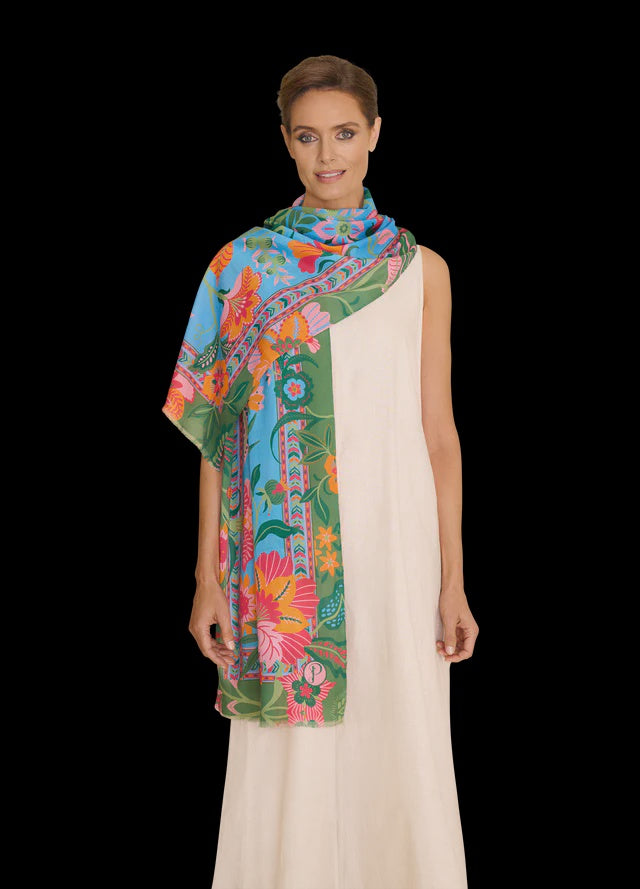 Powder Folky Floral Cotton Scarf - Cornflower