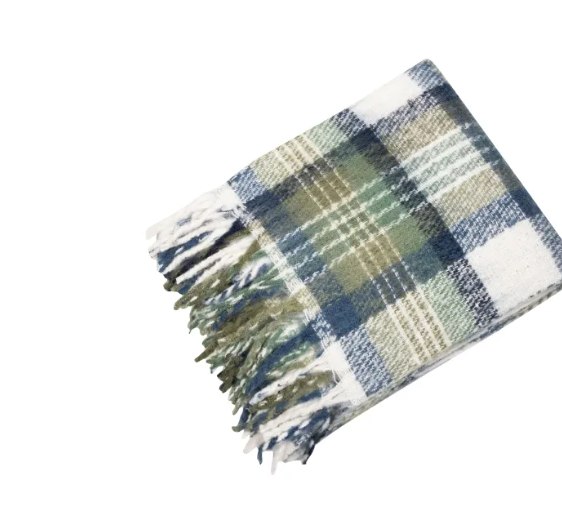 Faux Mohair Chequered Throw - Green Blue Plaid