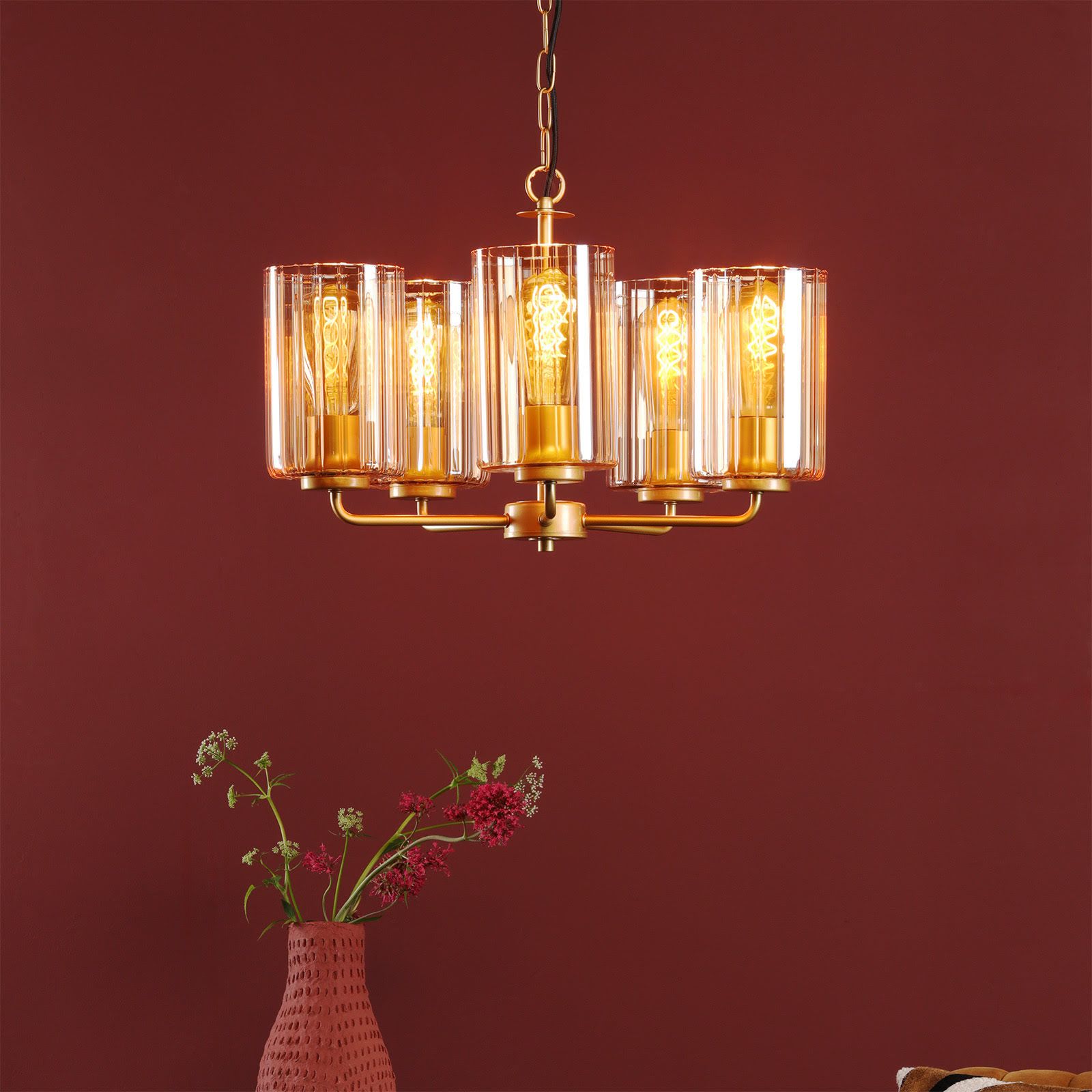 Daylin 5 Light Pendant Satin Gold and Amber Ribbed Glass