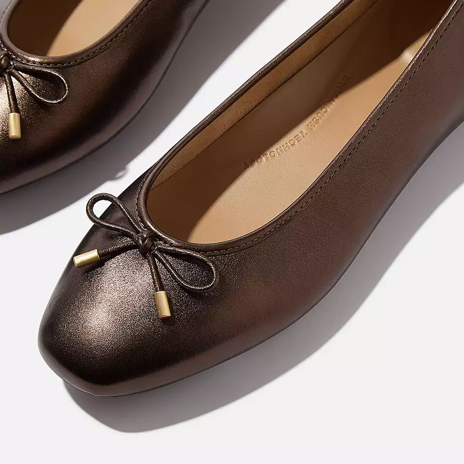 FitFlop Delicato Bow Soft Metallic-Leather Ballet Flats Metallic Chocolate Brown