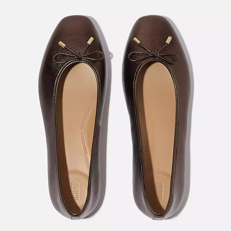FitFlop Delicato Bow Soft Metallic-Leather Ballet Flats Metallic Chocolate Brown