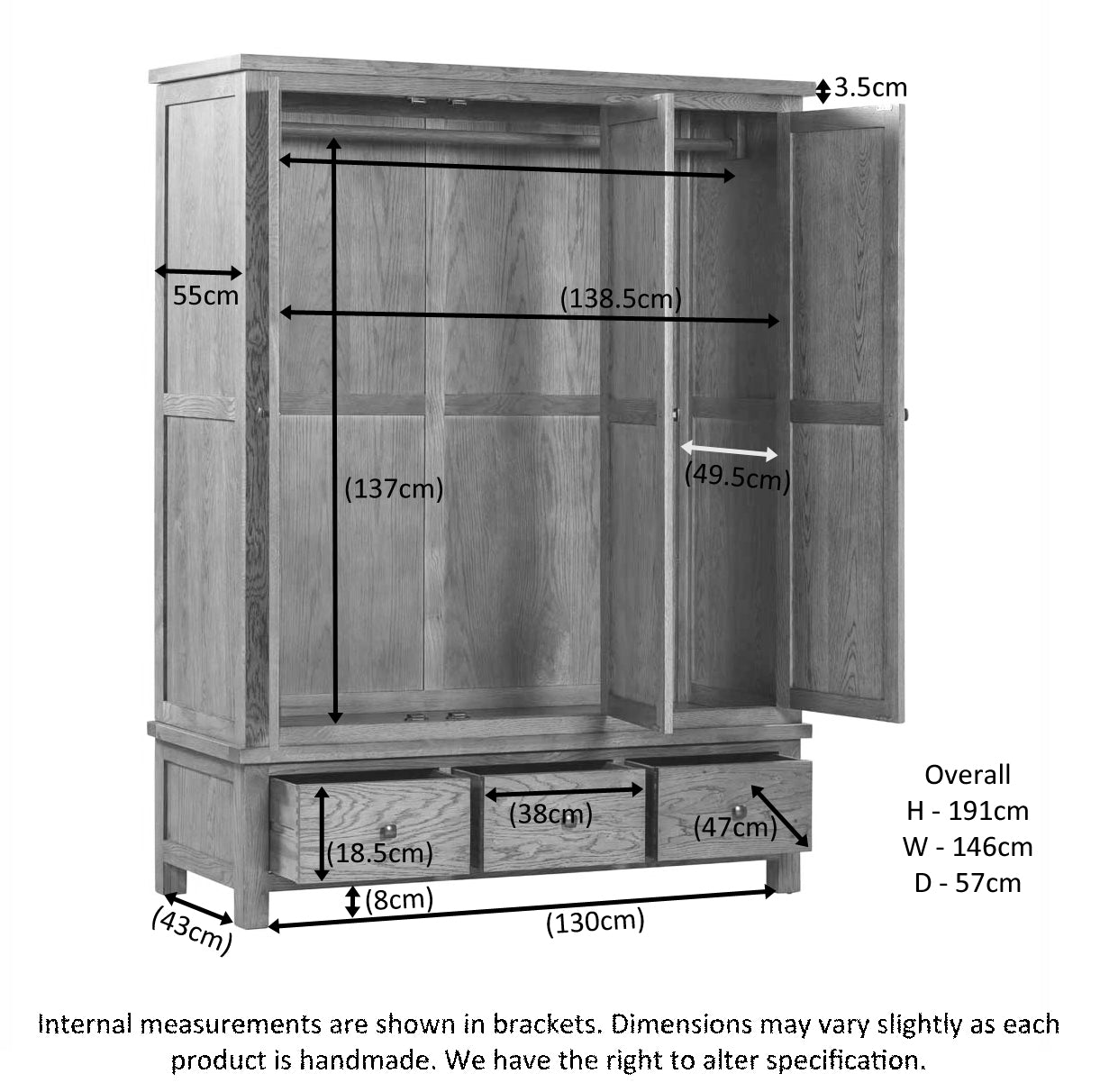 Dorchester Light Oak Triple Wardrobe With 3 Drawers