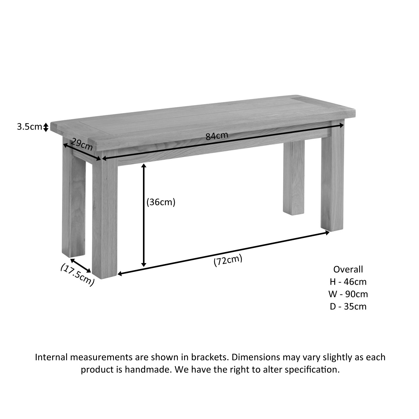 Dorchester Light Oak Bench 90Cm