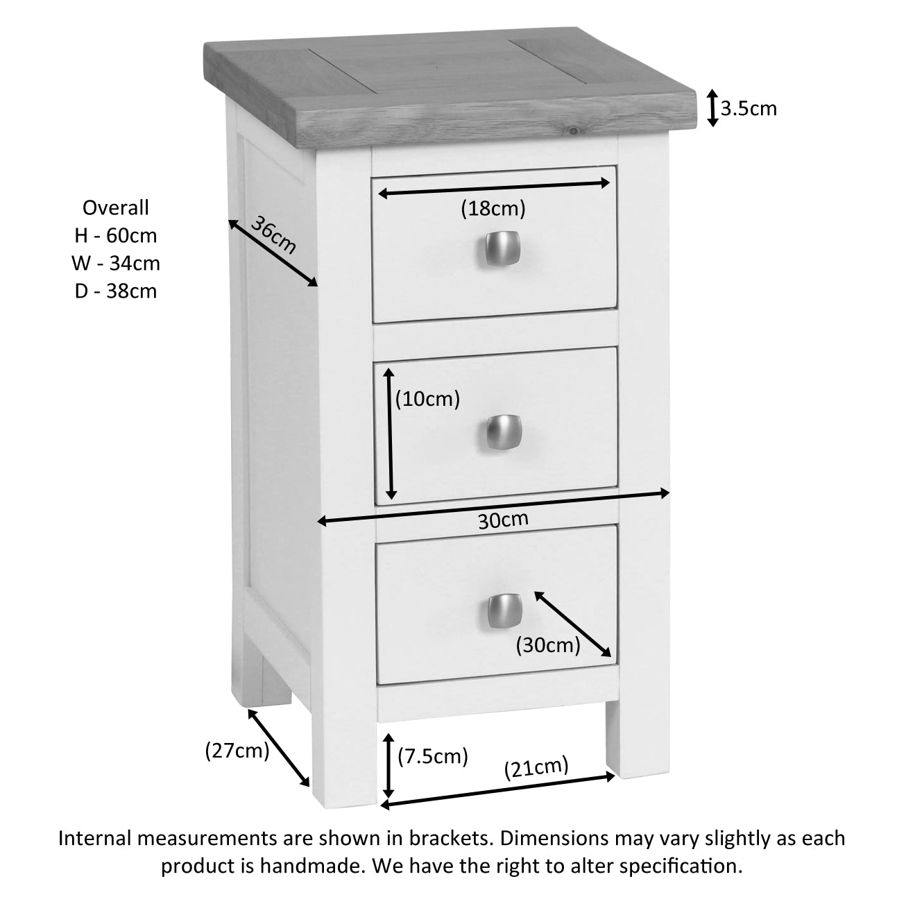 Dorchester White Compact 3 Drawer Bedside