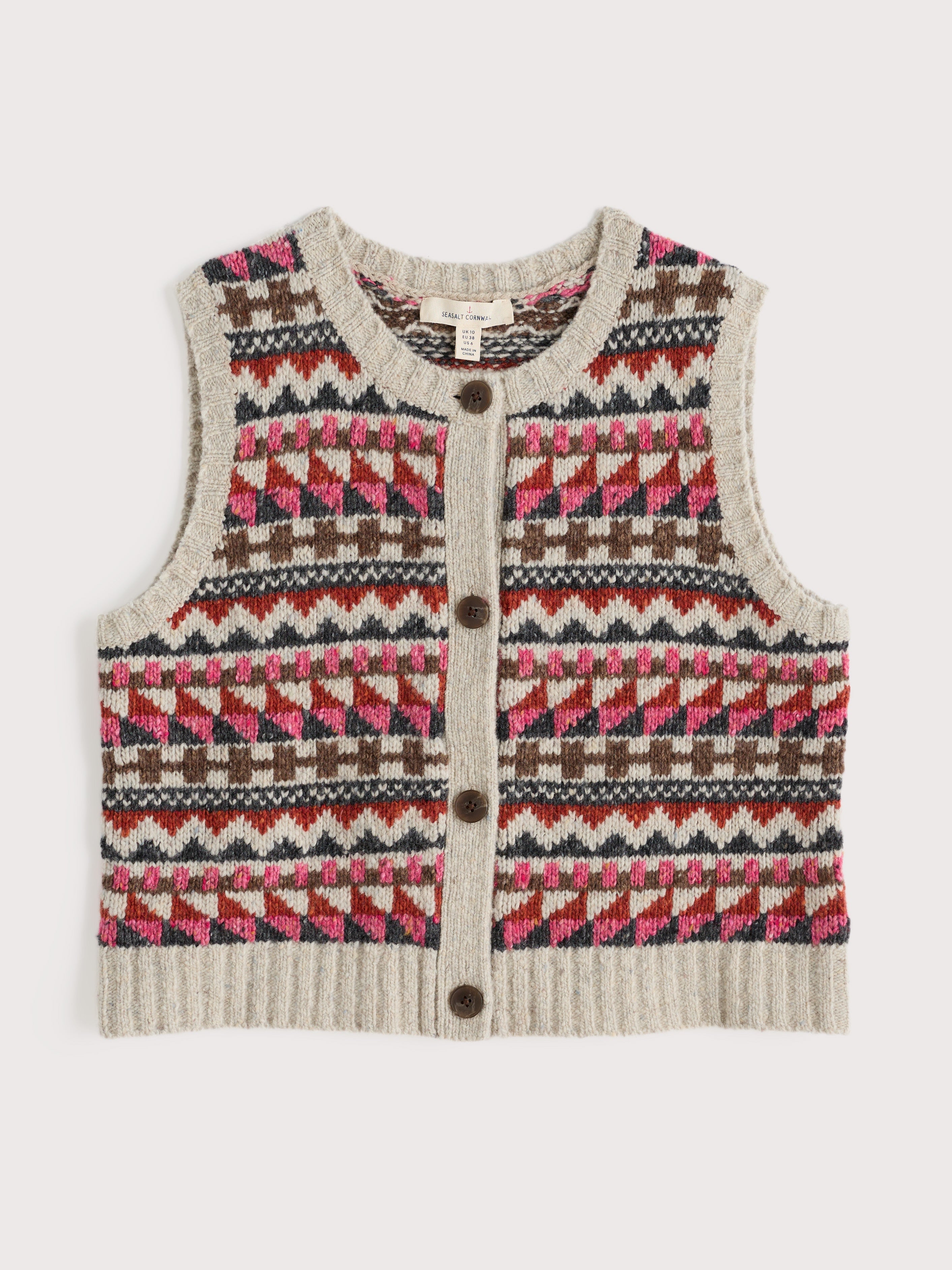 Seasalt Dawson Pick Vest Fairisle Zig Zag Geo Aran Red Sail