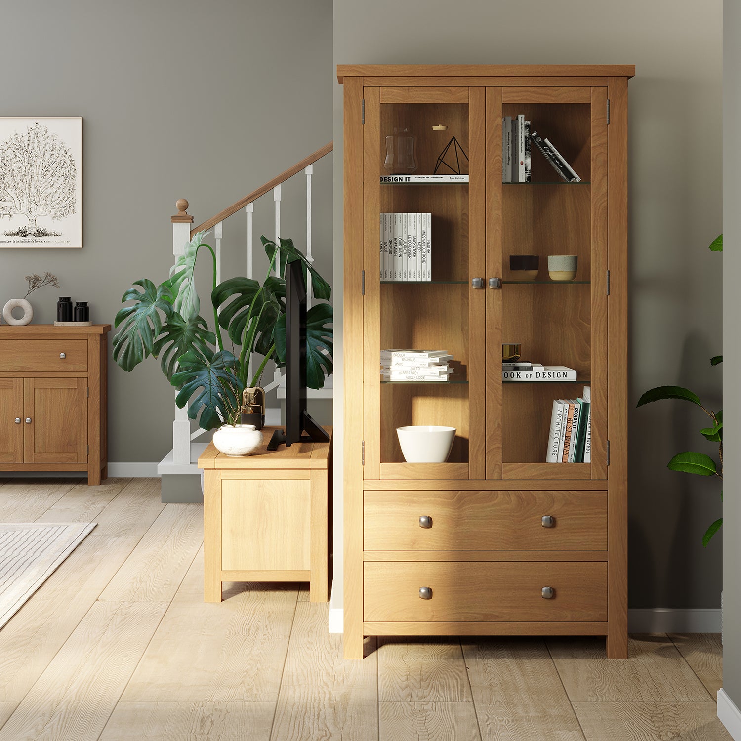 Dorchester Light Oak Display Cabinet With Glass Doors & Sides + Light