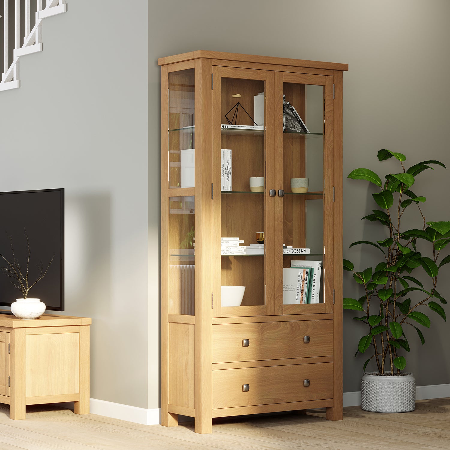 Dorchester Light Oak Display Cabinet With Glass Doors & Sides + Light