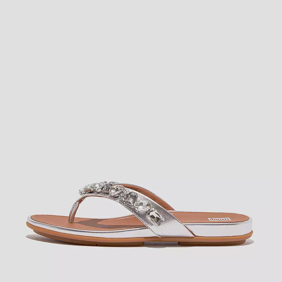 FitFlop Gracie Jewel-Deluxe Metallic-Leather Flip-Flops Silver