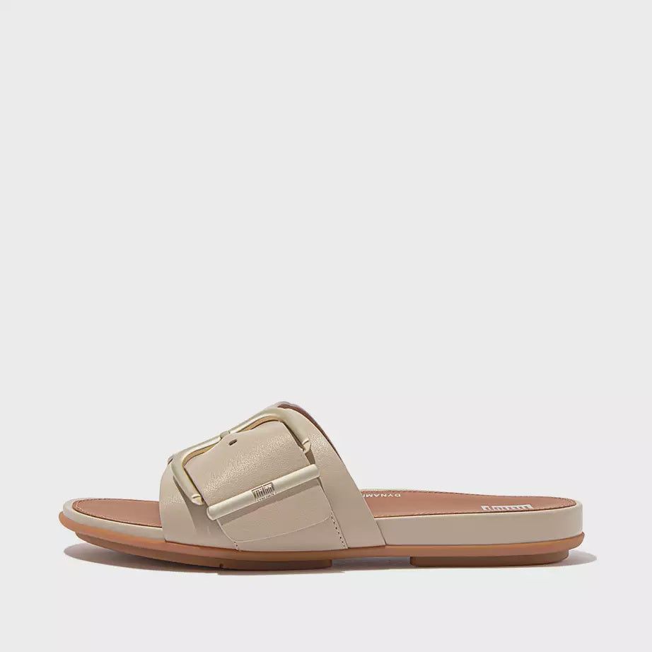 FitFlop Gracie Maxi-Buckle Leather Slides Stone Beige