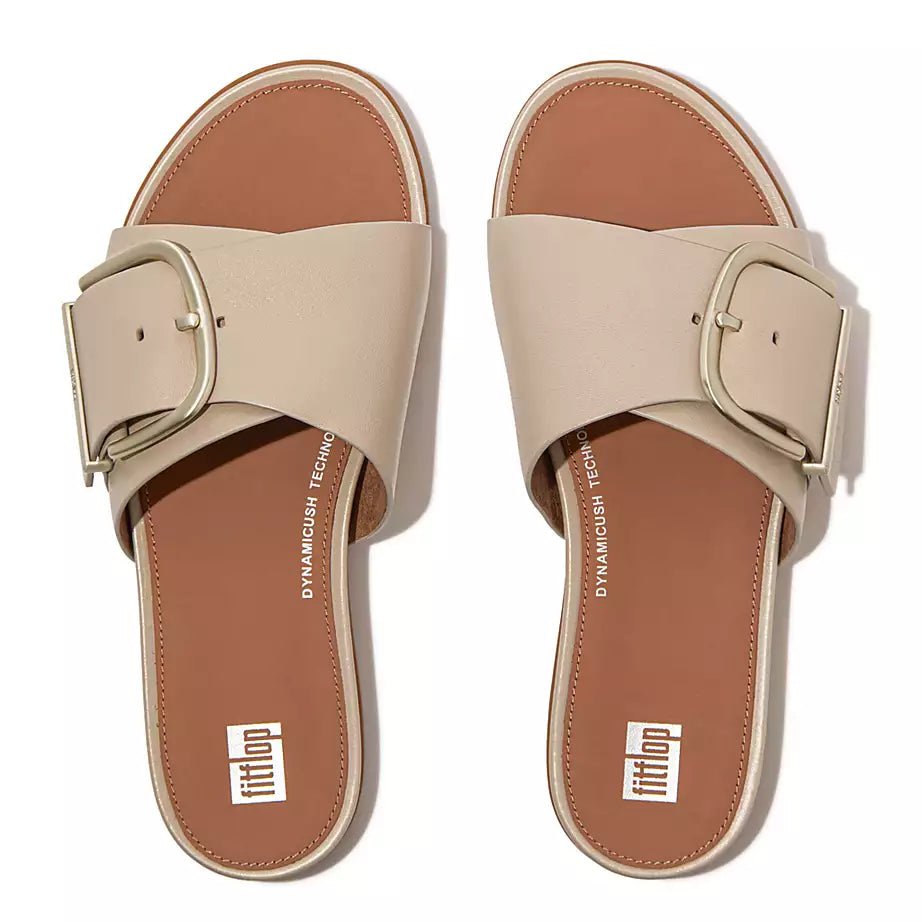 FitFlop Gracie Maxi-Buckle Leather Slides Stone Beige